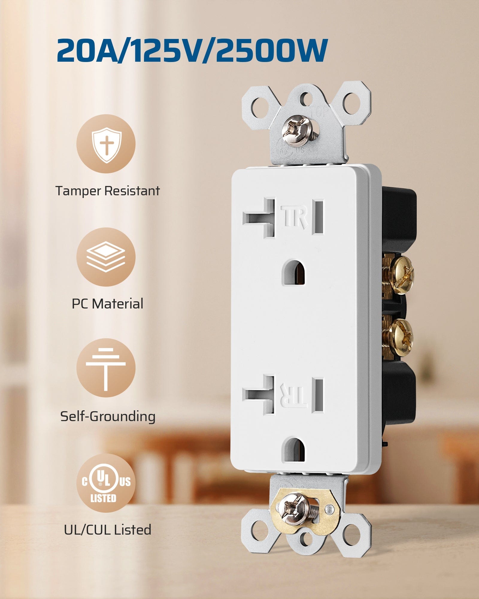 DEWENWILS 10 Pack Modern Wall Outlet, Decorator Receptacle Outlet, Standard Wall Outlets, 20Amp/125V/2500W, Tamper Resistant (TR) Electrical Outlet, Residential and Commercial Use, White-HRWS10E