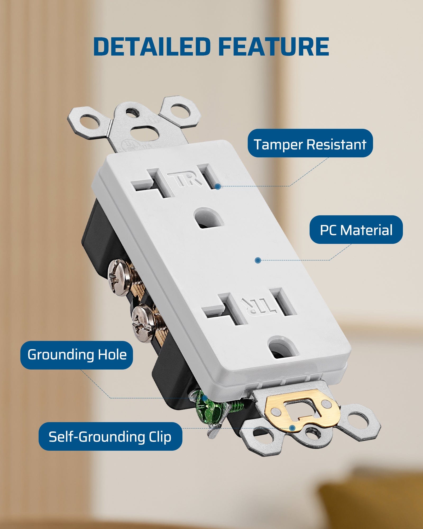 DEWENWILS 10 Pack Modern Wall Outlet, Decorator Receptacle Outlet, Standard Wall Outlets, 20Amp/125V/2500W, Tamper Resistant (TR) Electrical Outlet, Residential and Commercial Use, White-HRWS10E
