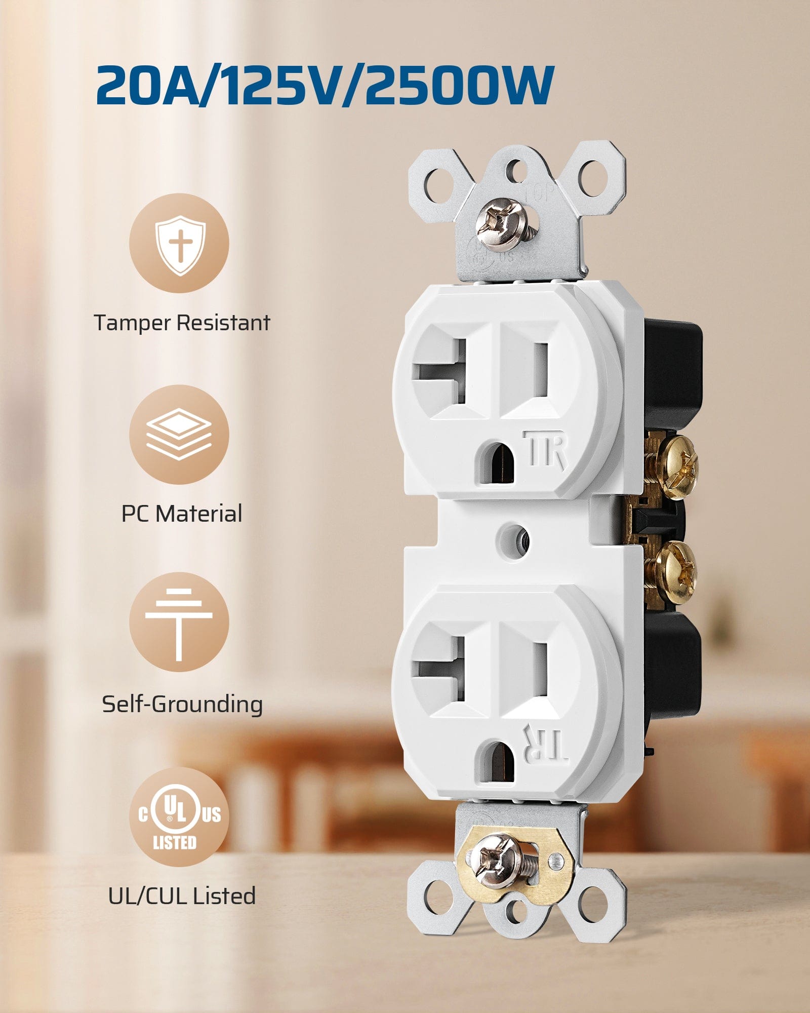 DEWENWILS 10 Pack Wall Outlet, Duplex Receptacle Outlet, Standard Wall Outlets, 20Amp/125V/2500W, Tamper Resistant (TR) Electrical Outlet, Residential and Commercial Use,White-HRWS10F