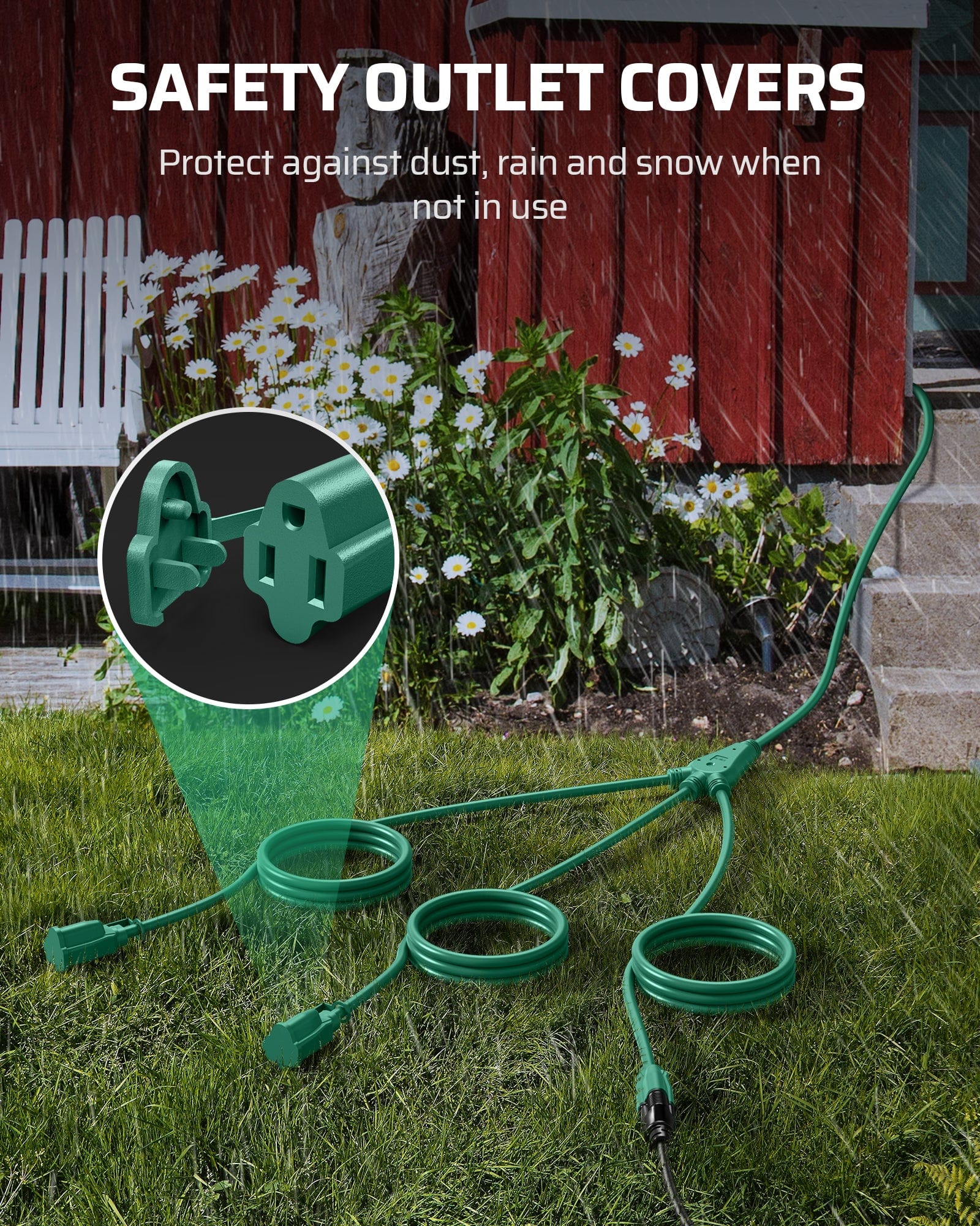 DEWENWILS 25ft Outdoor Extension Cord Multiple Outlets, Evenly Spaced 3 Outlets Plugs with Safety Cover, 16/3 SJTW Weatherproof Wire for Christmas Outdoor Lights and Holiday Decorations-HSC103A1