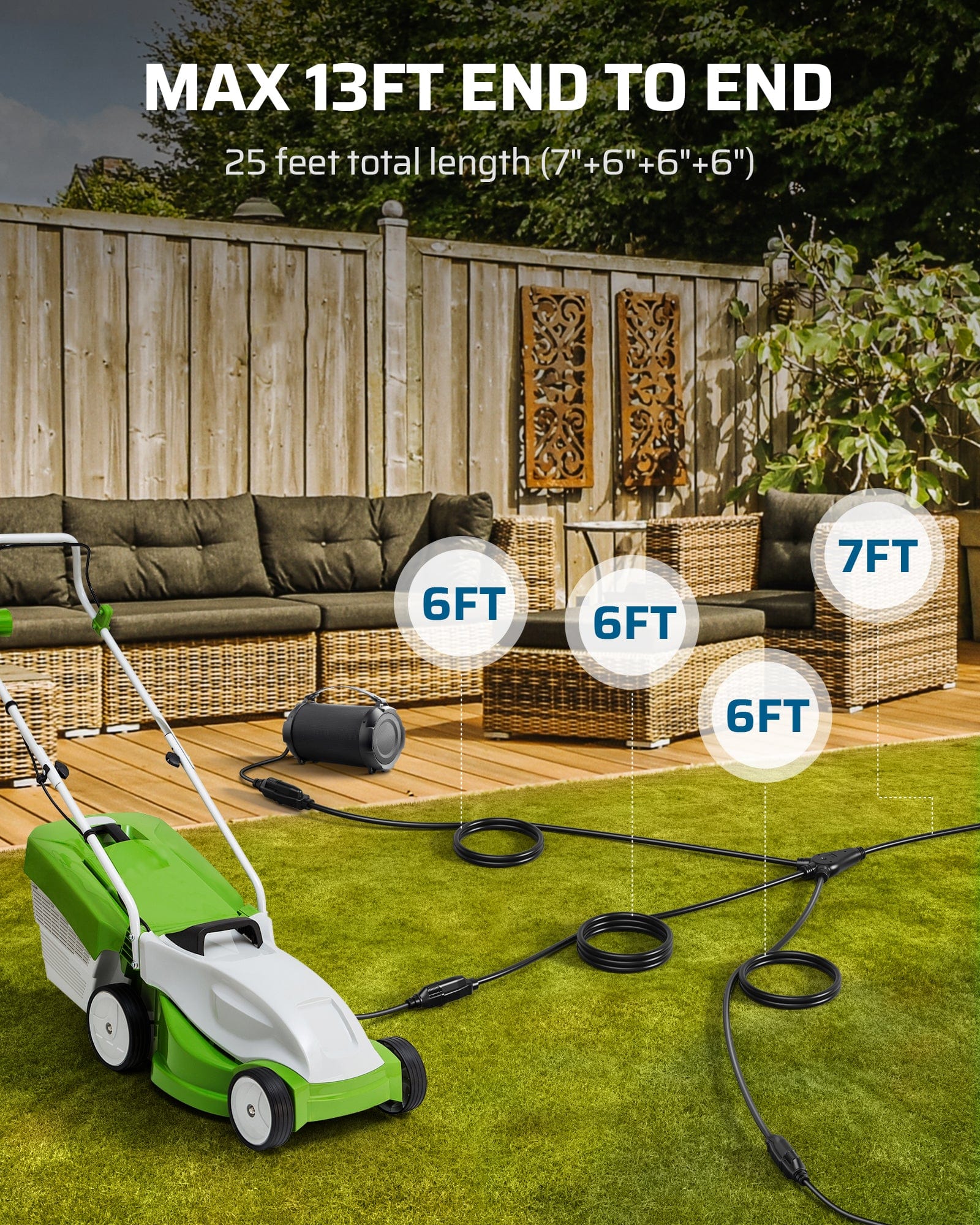 DEWENWILS Outdoor Extension Cord 1 to 3 Splitter, 3 Prong Outlets Plugs, Max 13ft End to End (25 FT Total), 16/3C SJTW Weatherproof Wire for Christmas Lights and Halloween Decorations-HSC103C1