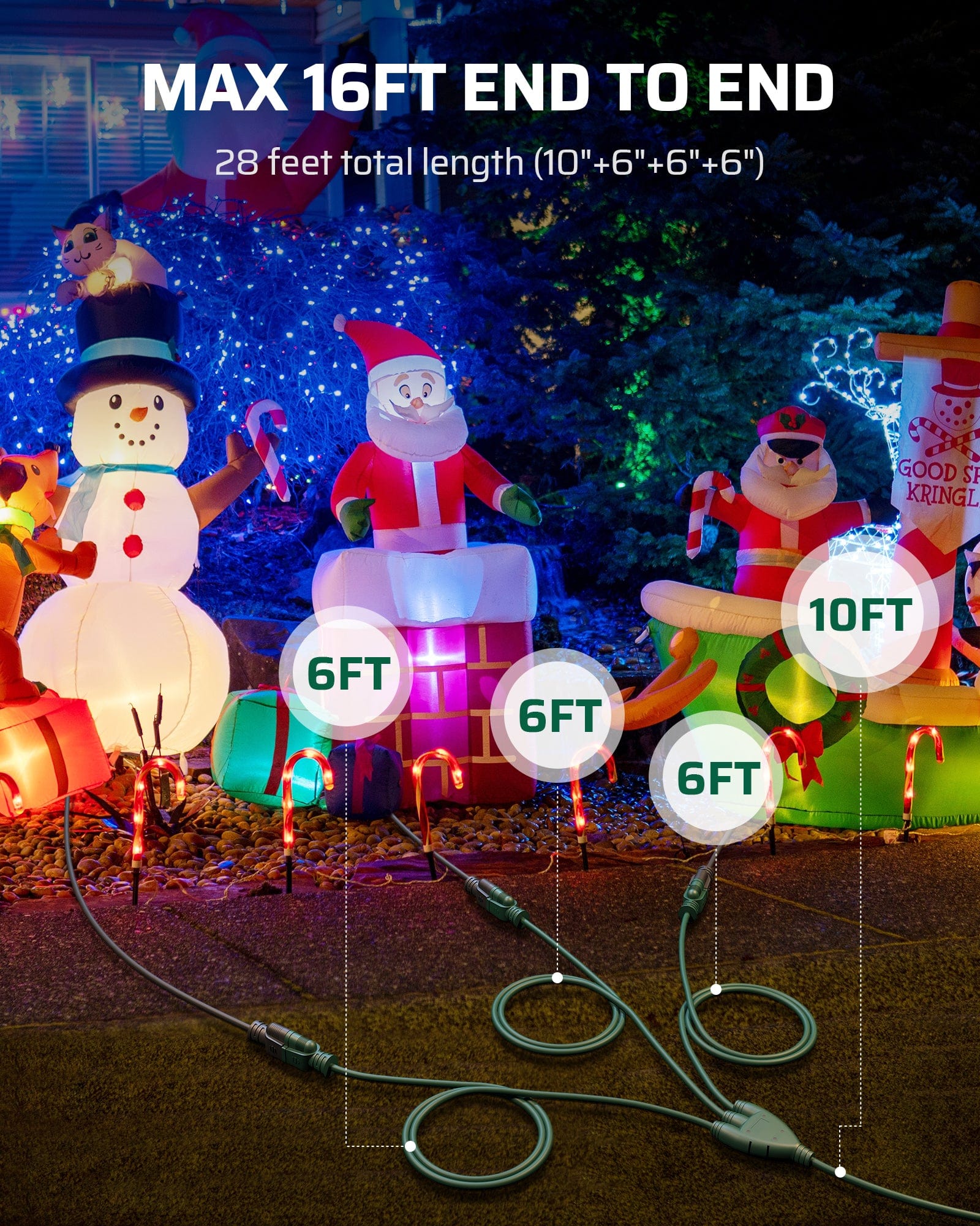 DEWENWILS 28FT (10'+6'+6'+6') Outdoor Extension Cord for Outside Halloween Landscape Lighting Christmas Lights Decoration, 3 Outlets 16 AWG SJTW Green-WHSC103J