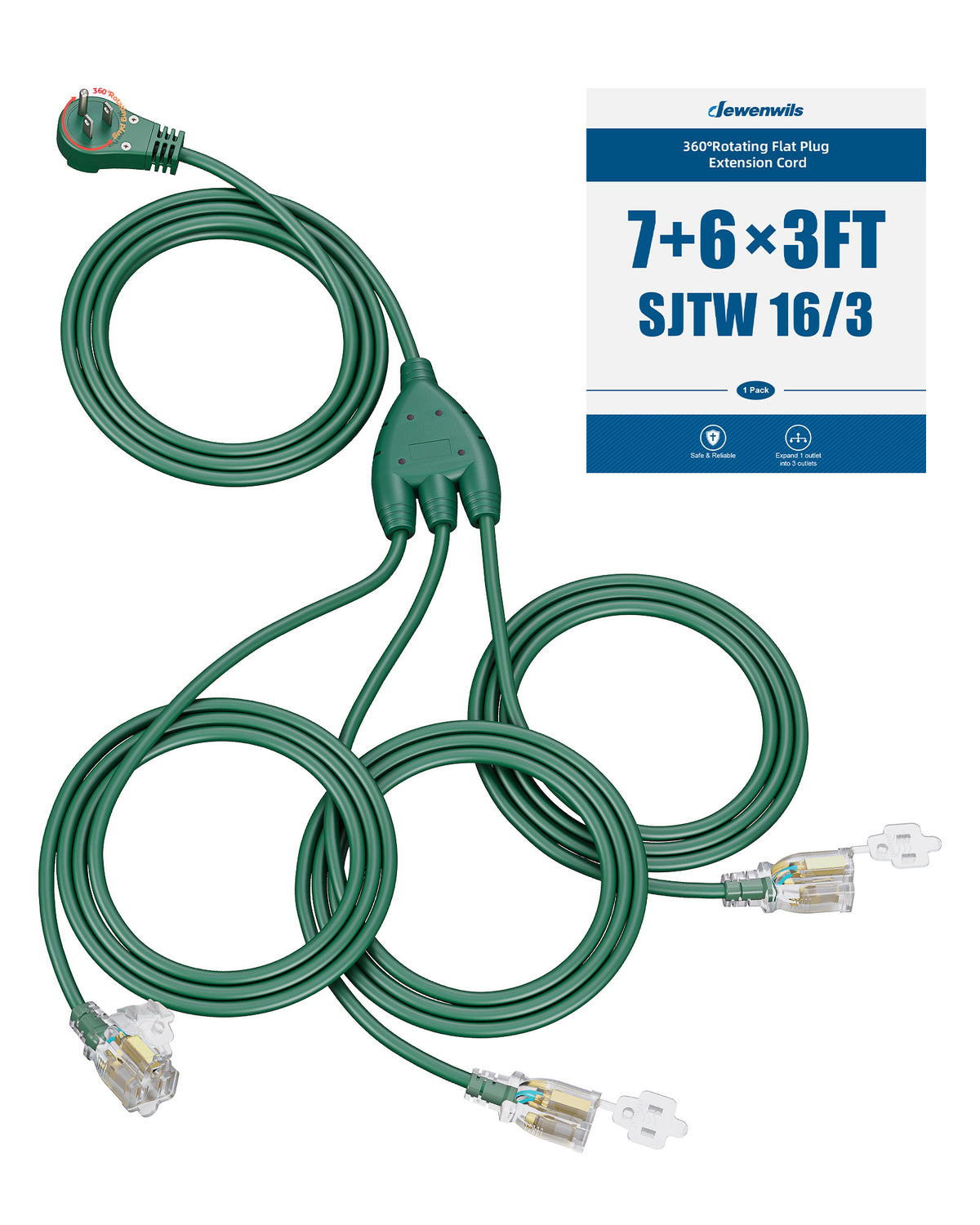 DEWENWILS Outdoor Extension Cord 25FT(6+6+6+7) 360° Rotatable Flat Plug, 3 Multi Outlets with Indicator Lights, Green 13A 1625W SJTW 16/3 Gauge