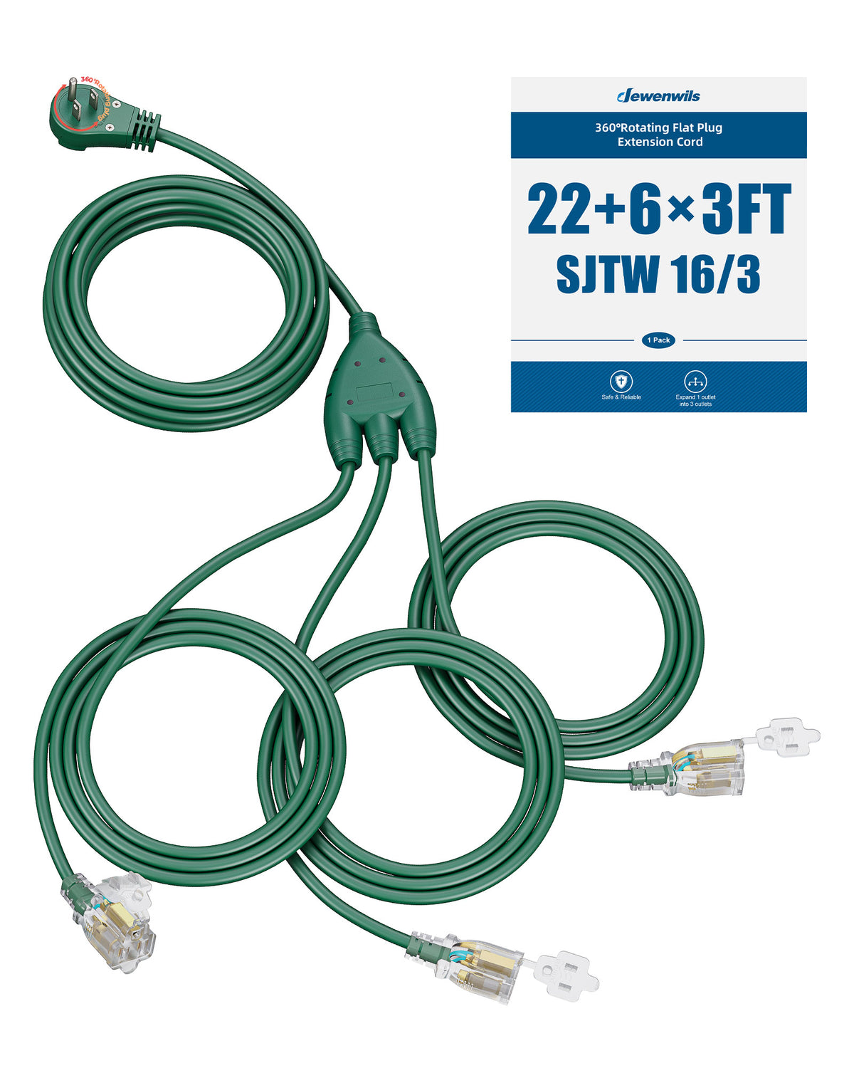 DEWENWILS Outdoor Extension Cord 25FT(6+6+6+7) 360° Rotatable Flat Plug, 3 Multi Outlets with Indicator Lights, Green 13A 1625W SJTW 16/3 Gauge