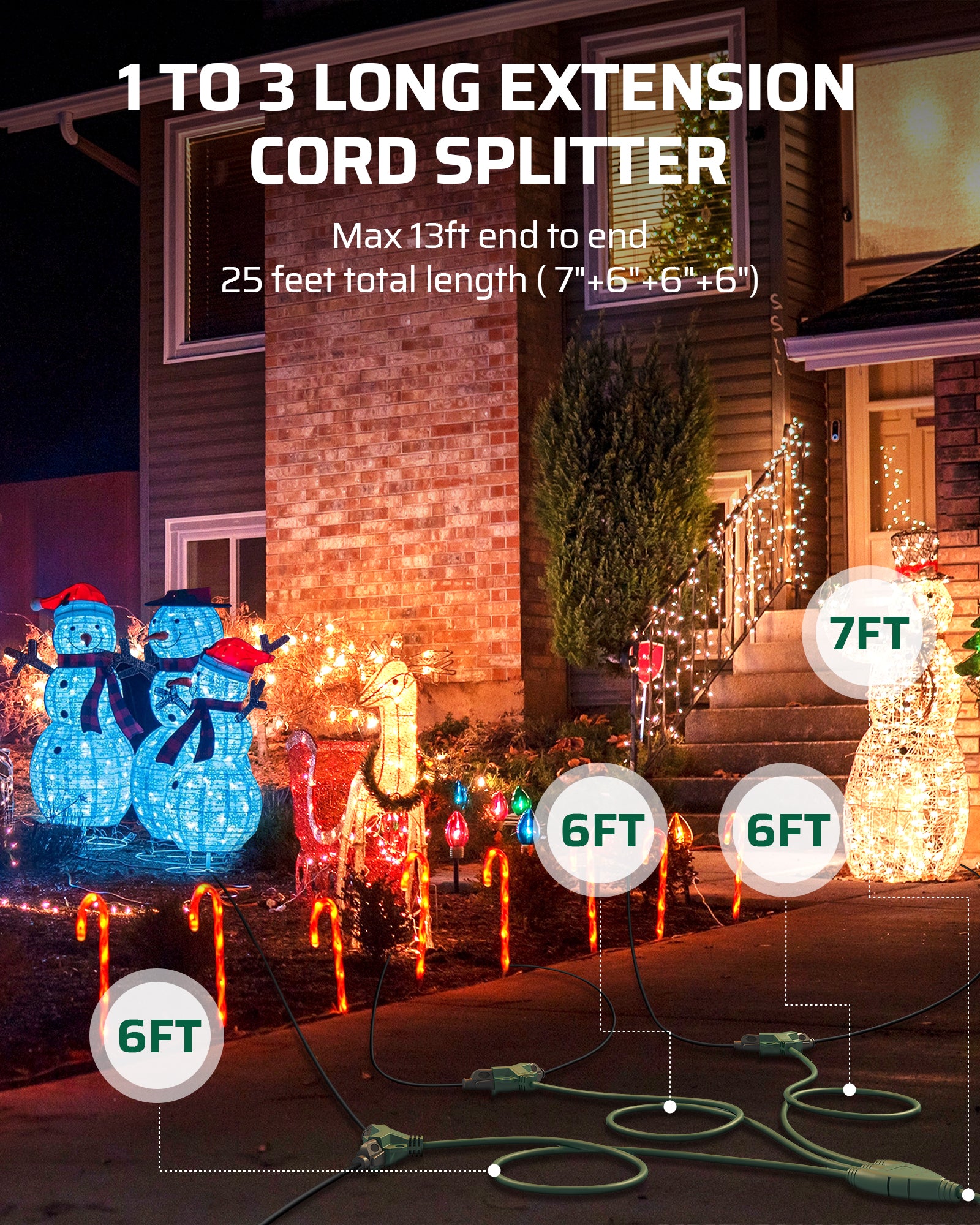 DEWENWILS Outdoor Extension Cord with 1 to 3 Splitter, Total 25FT (Max Length 13FT from End to End), SJTW Outdoor Extension Cord, Heavy Duty Extension Cord for Christmas Halloween, Green-HSC132A