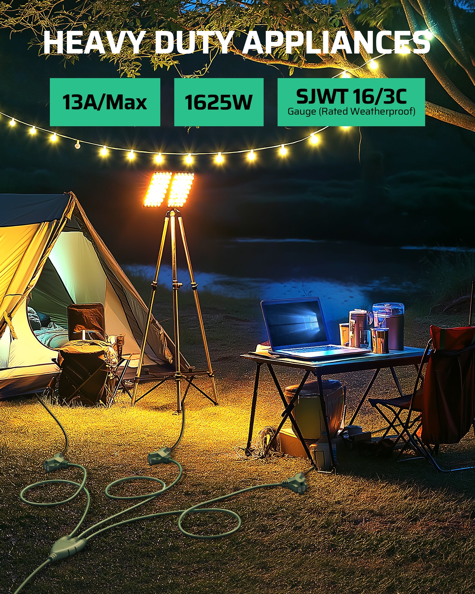 DEWENWILS Outdoor Extension Cord with 1 to 3 Splitter, Total 25FT (Max Length 13FT from End to End), SJTW Outdoor Extension Cord, Heavy Duty Extension Cord for Christmas Halloween, Green-HSC132A