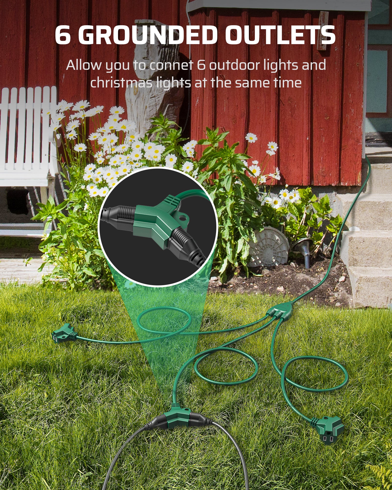 DEWENWILS Outdoor Extension Cord with 1 to 3 Splitter, Total 25FT (Max Length 13FT from End to End), SJTW Outdoor Extension Cord, Heavy Duty Extension Cord for Christmas Halloween, Green-HSC132A