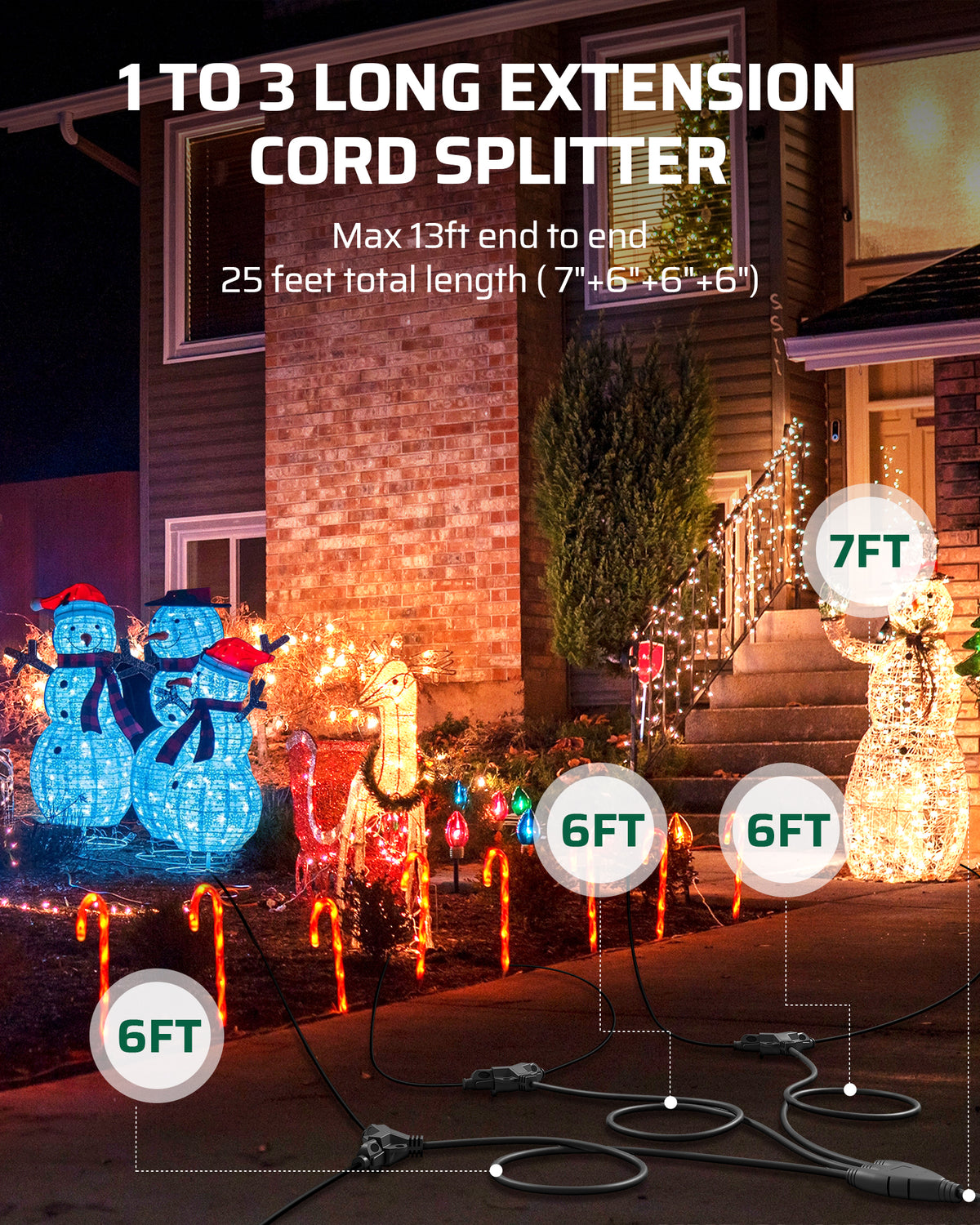 Outdoor Extension Cord: 1-to-3 long extension cord splitter with 25FT total length and maximum 13FT end-to-end reach (7"+6"+6"+6") provides flexible power distribution for multiple outdoor lighting and devices
