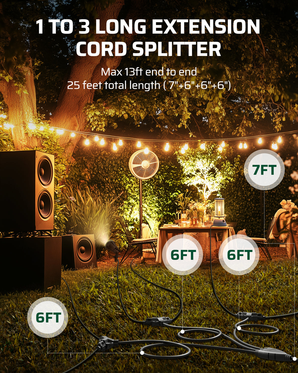 Outdoor Extension Cord: 1-to-3 long extension cord splitter with 25FT total length and up to 13FT end-to-end reach provides flexible power distribution for multiple outdoor devices and decorations