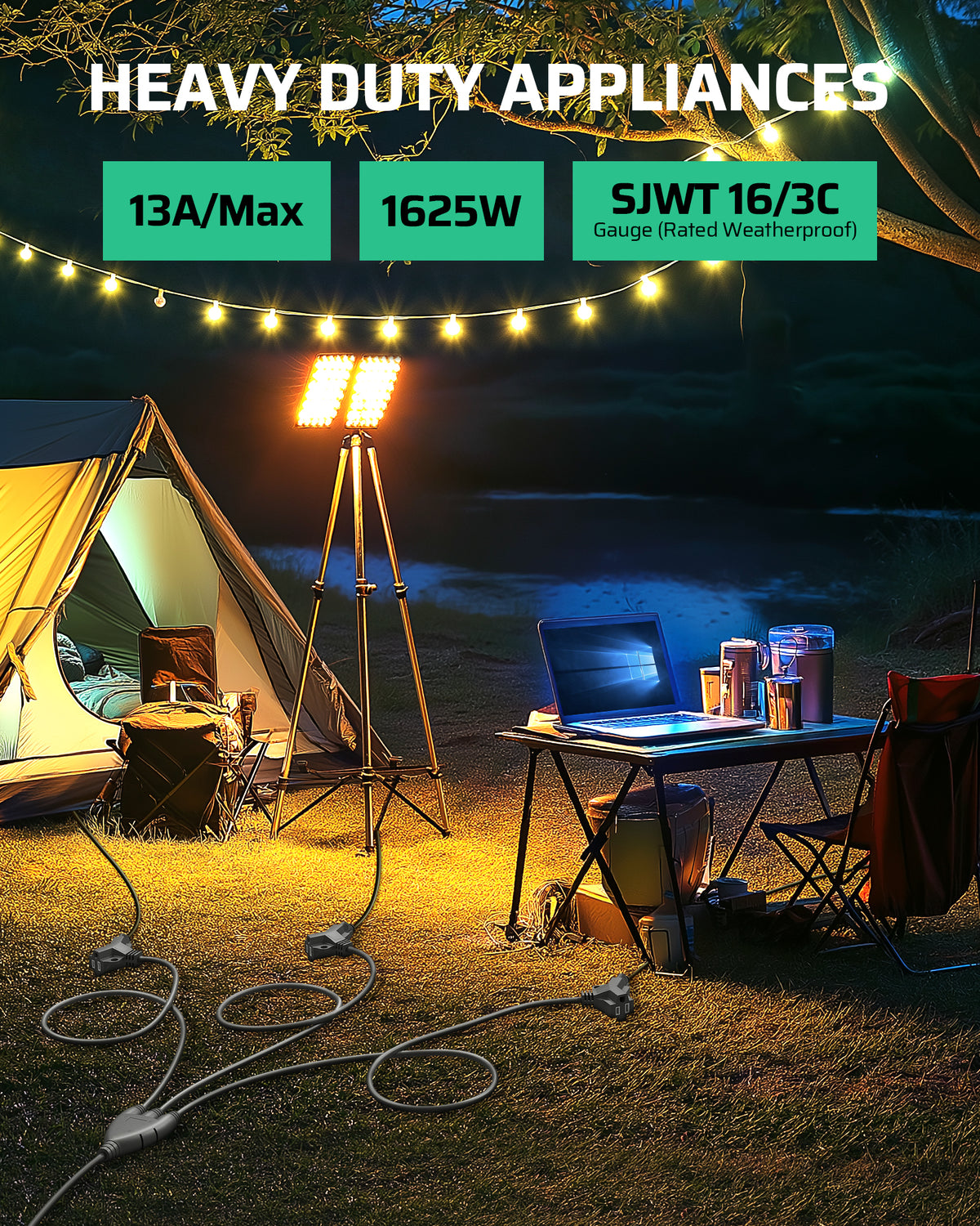 Outdoor Extension Cord: Heavy duty design supports appliances up to 13A/1625W with 16/3 SJTW gauge weatherproof wire, providing reliable and durable outdoor power performance