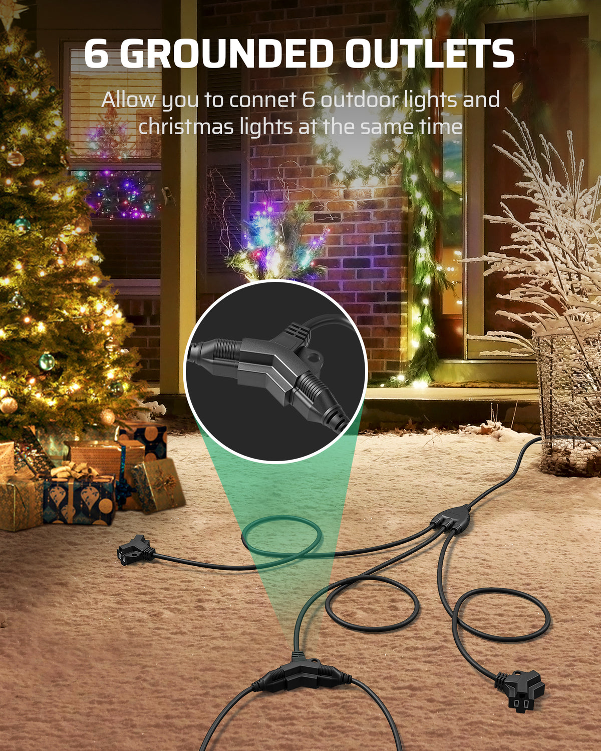 Outdoor Extension Cord: 6 grounded outlets allow you to connect 6 outdoor lights and Christmas lights at the same time, providing convenient power access for large-scale outdoor lighting setups