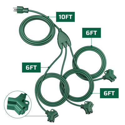 DEWENWILS 28 FT (10+6+6+6) Outdoor Extension Cord for Outside with Multiple Outlets, Extension Cord Outdoor for Halloween Christmas Lights, 16 AWG SJTW