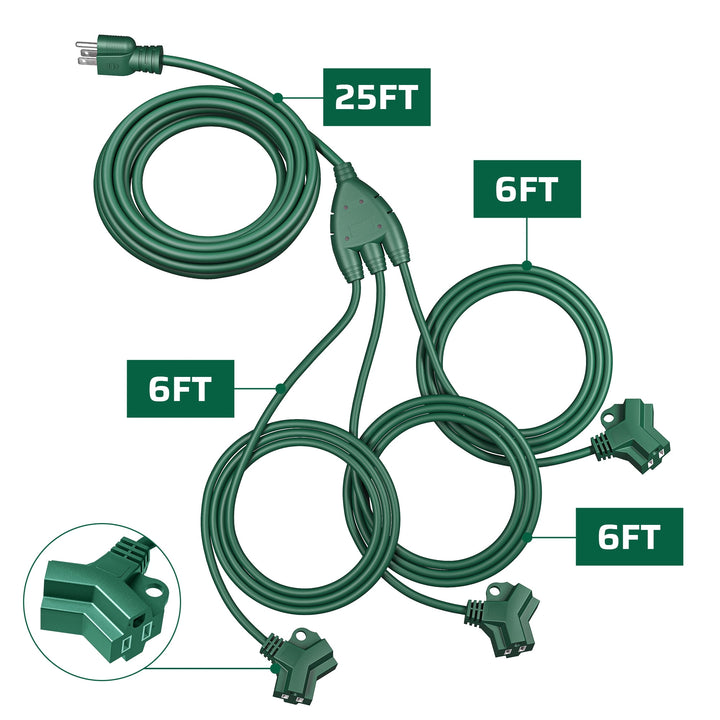 DEWENWILS 43 FT (25+6+6+6) Outdoor Extension Cord for Outside with 6 Outlets, Extension Cord Outdoor for Halloween Christmas Landscape Lighting, 16 AWG SJTW
