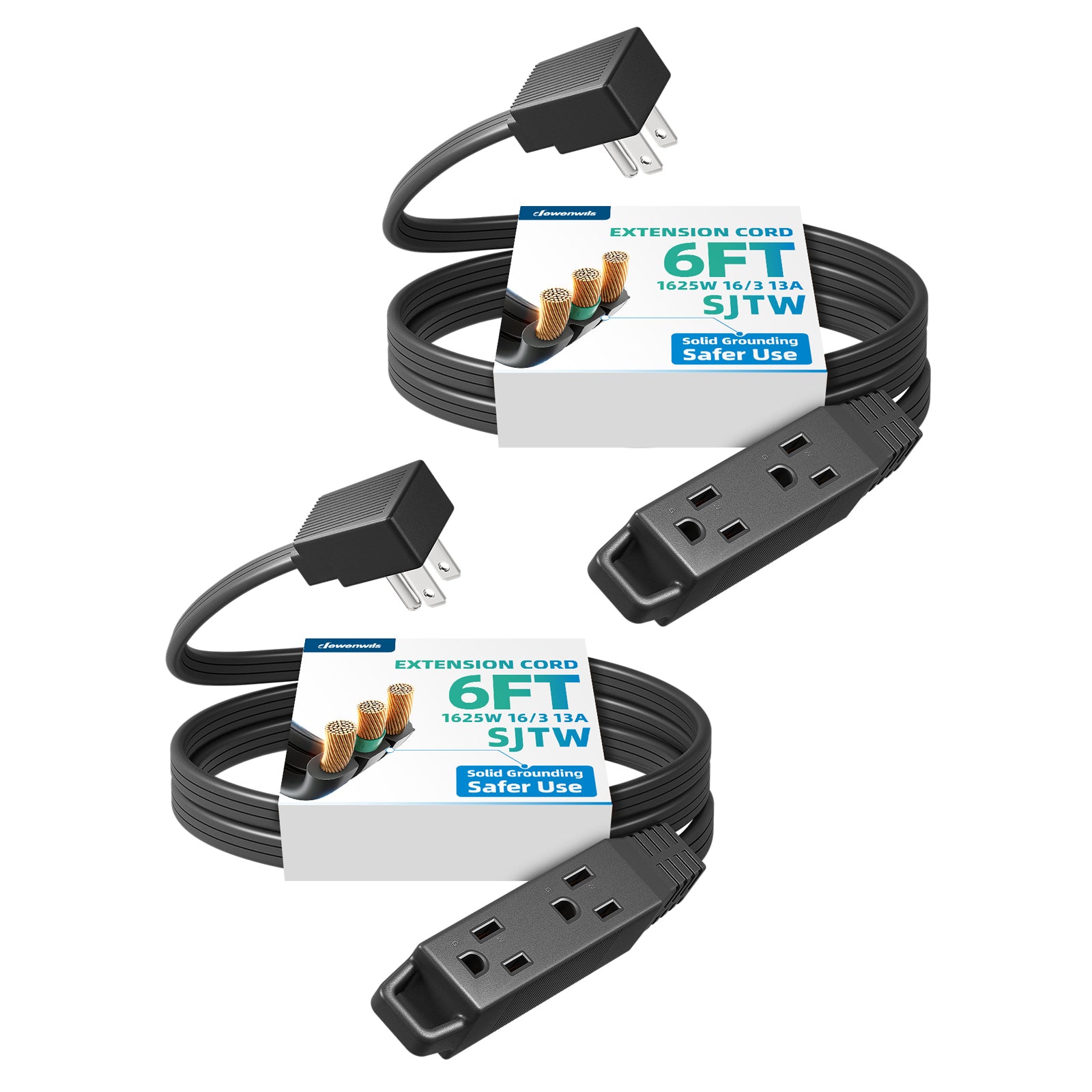 DEWENWILS 2 Pack 6FT Flat Plug Extension Cord, 3 Prong Ultra Thin Power Strip, 13A/125V/1625W, 16/3 Awg Grounded Flat Power Cable for Indoor Narrow Space, SPT-3 Cord, Black-HSCB06B