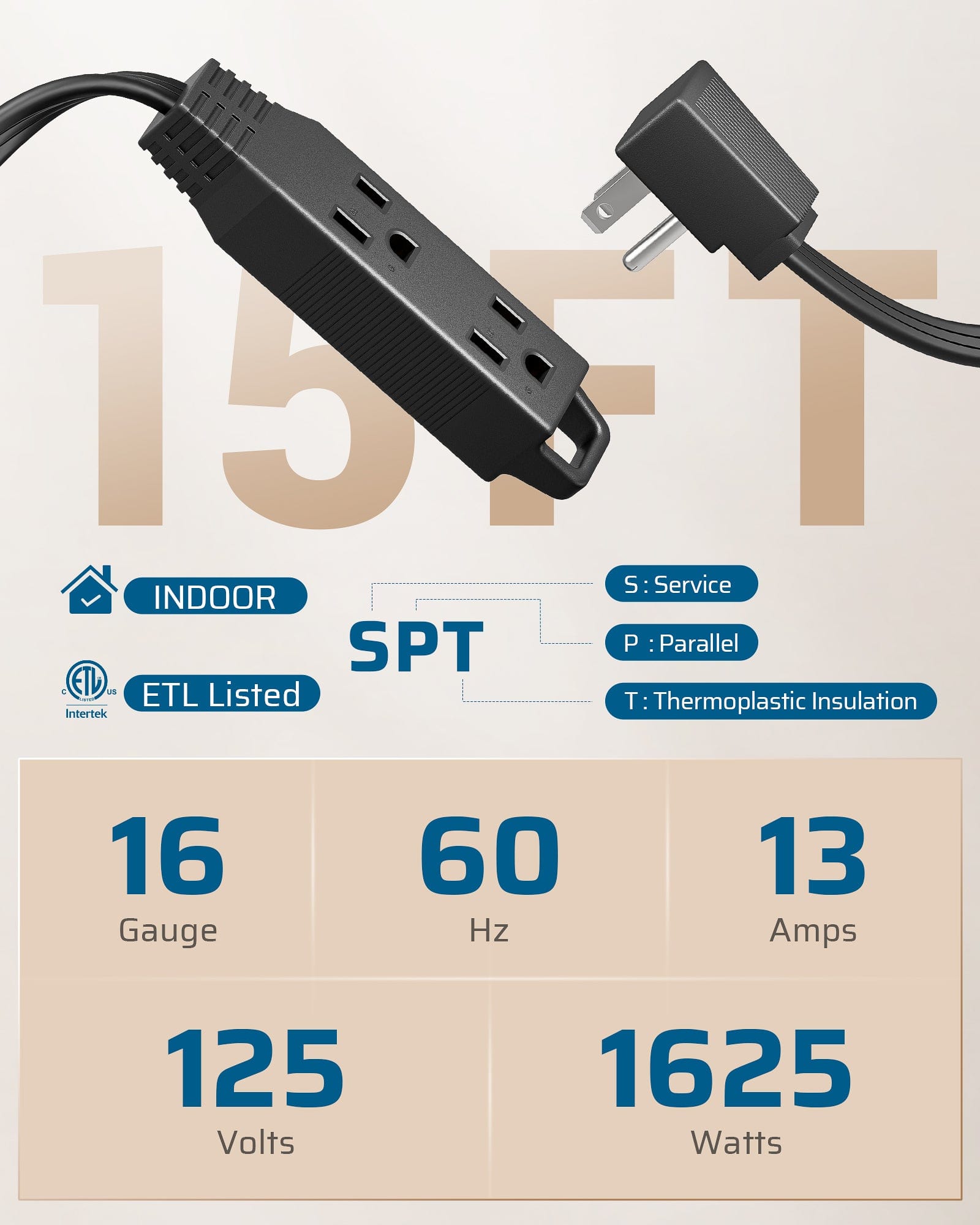 DEWENWILS 15FT Flat Plug Extension Cord, 3 Prong Ultra Thin Power Strip, 13A/125V/1625W, 16/3 Awg Grounded Flat Power Cable for Indoor Narrow Space, SPT-3 Cord, Black-HSCB15A