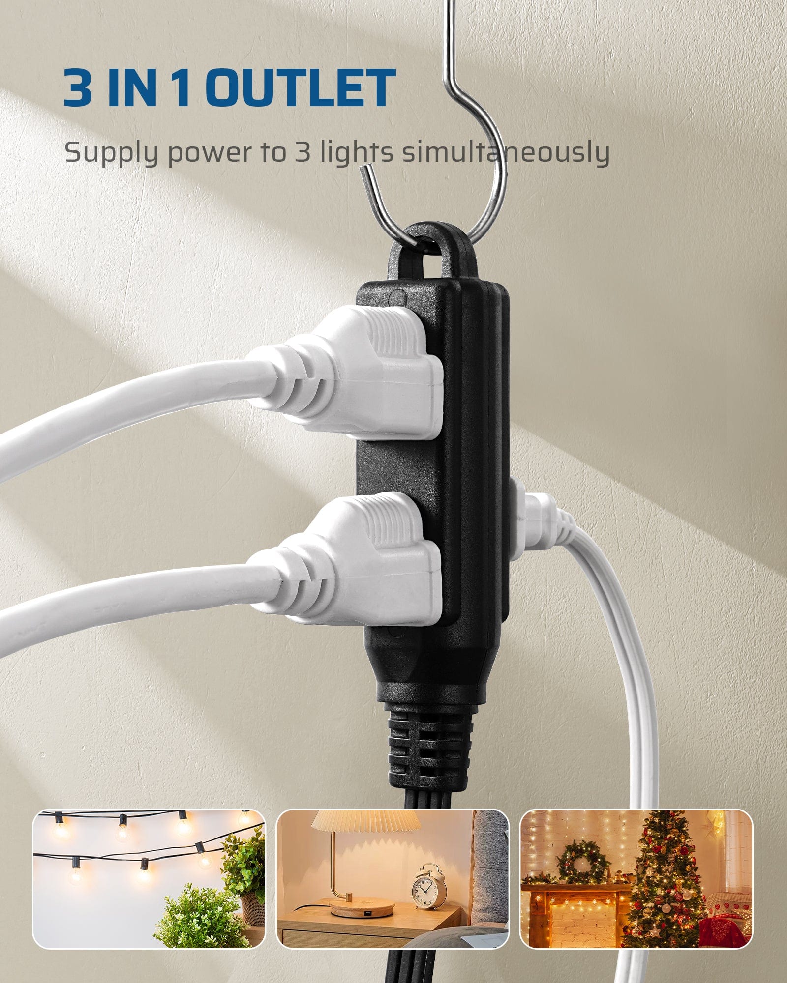 DEWENWILS 3 Outlet Extension Cord with Flat Plug, 25 FT 16/3 Awg Grounded Power Cable for Indoor Use, SPT-3 Cord, White, 1 Pack-HSCB25A