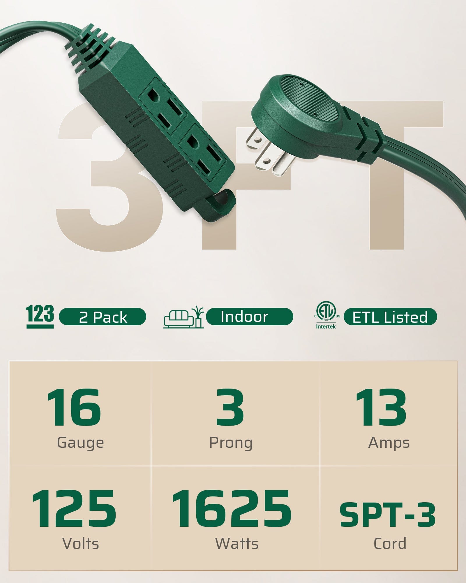 DEWENWILS Flat Extension Cord 3 Prong, 16 AWG, 13A 1625W 125VAC (2-Pack)-HSCG03B