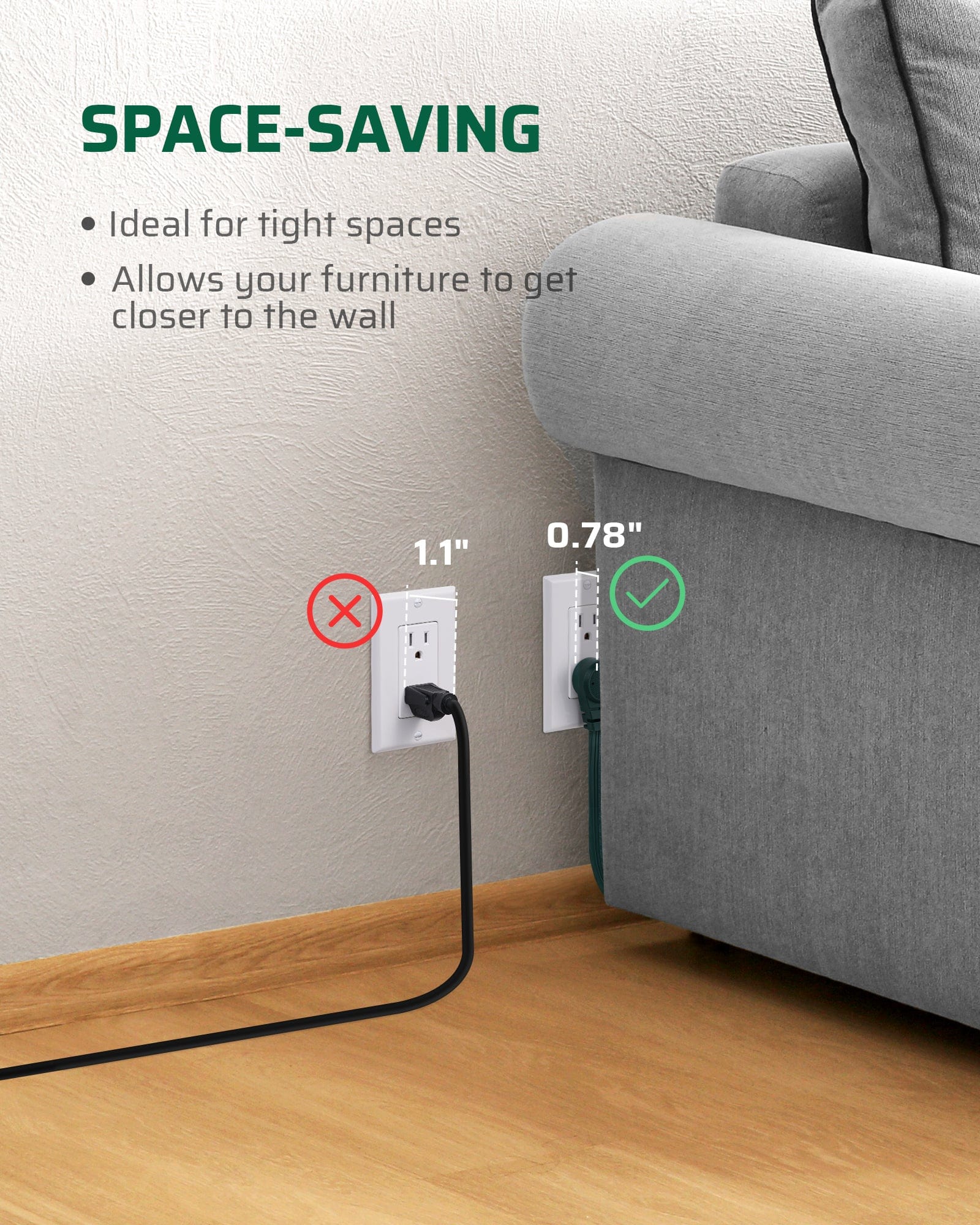 DEWENWILS Flat Extension Cord 3 Prong, 16 AWG, 13A 1625W 125VAC (2-Pack)-HSCG03B