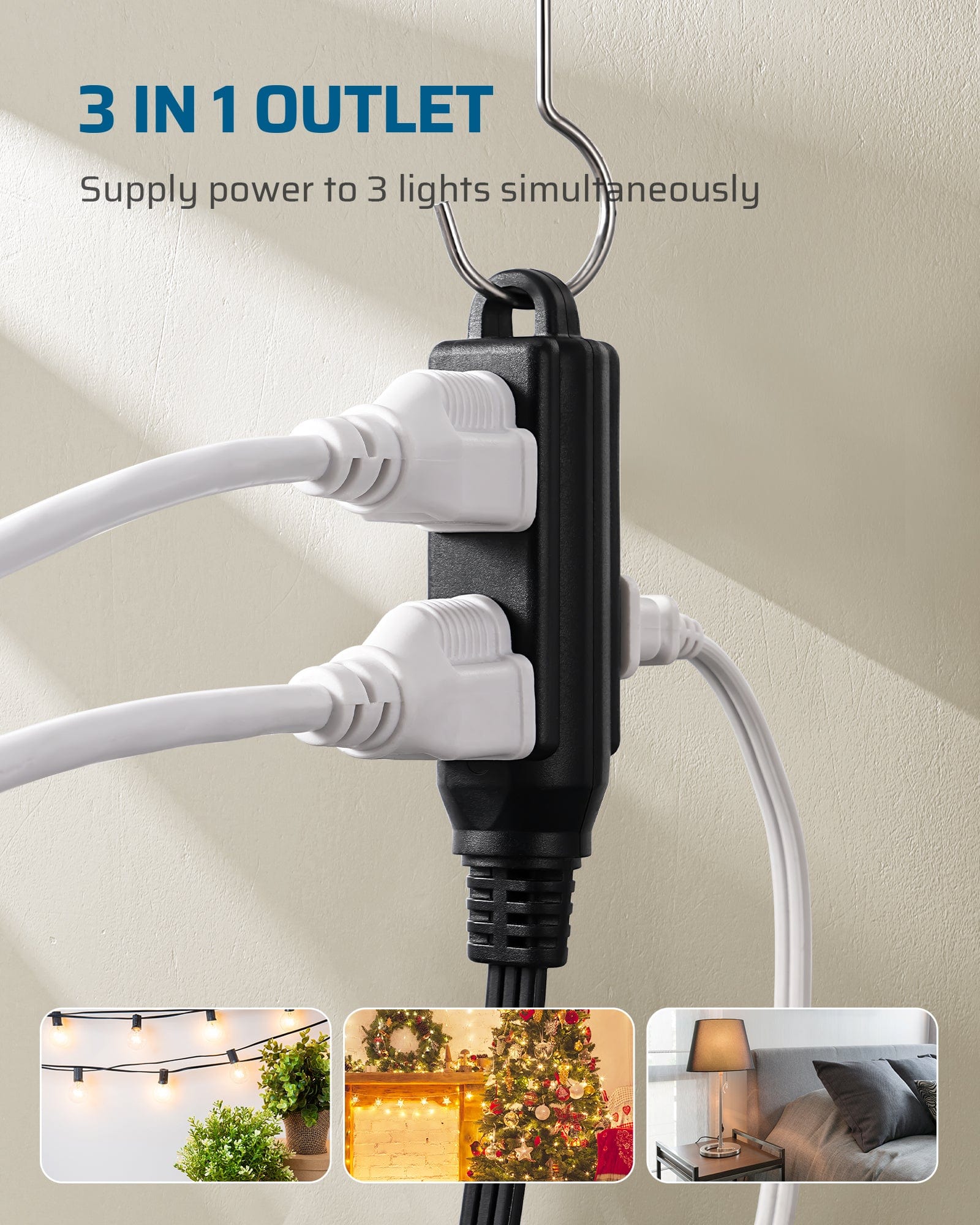 DEWENWILS 3ft 3 Outlet Extension Cord with Flat Plug, 16/3 Awg Grounded Power Cable for Indoor Use, SPT-3 Cord (2 Pack)-HSCB03B