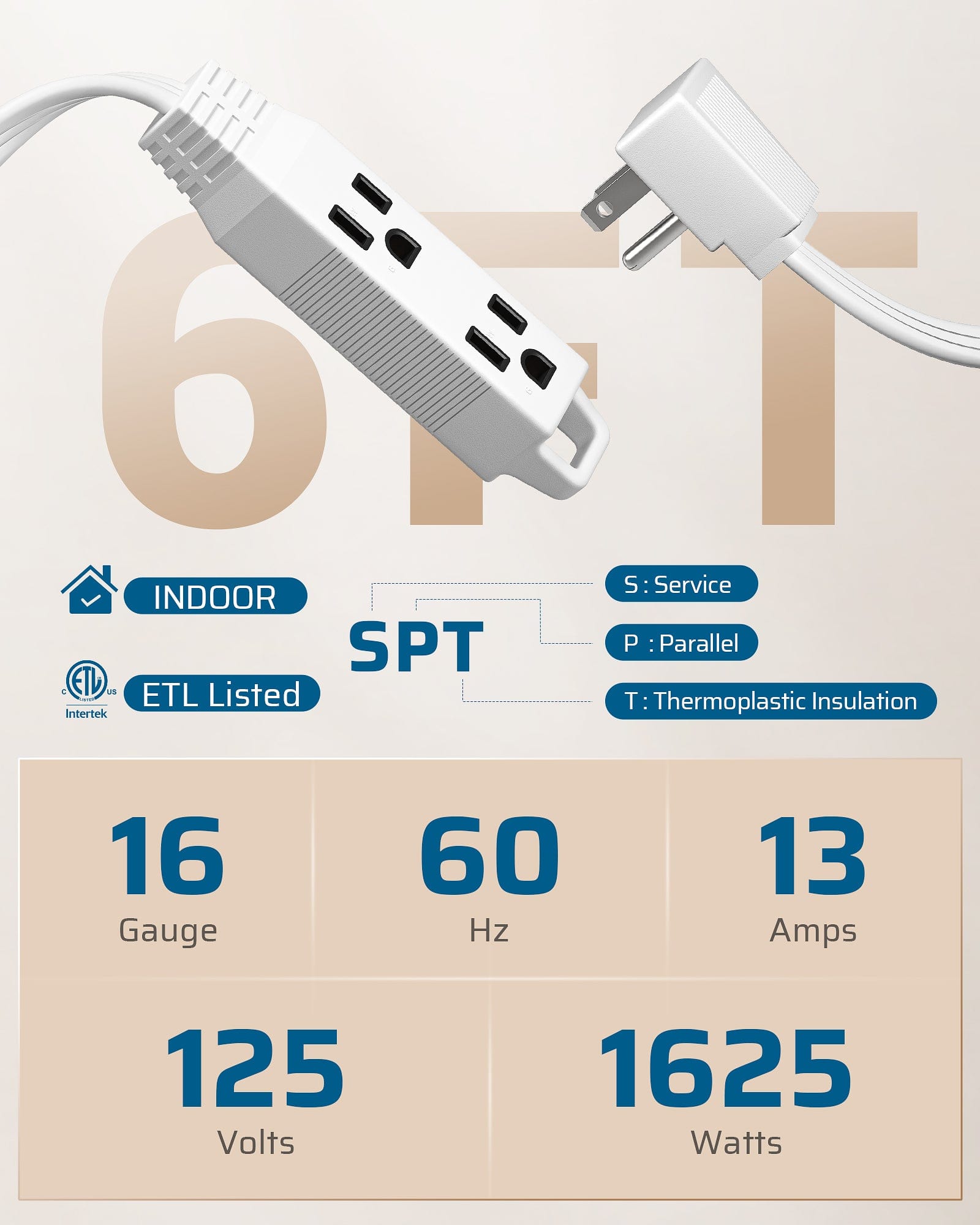 DEWENWILS 6FT Flat Plug Extension Cord, 3 Prong Ultra Thin Power Strip, 13A/125V/1625W, 16/3 Awg Grounded Flat Power Cable for Indoor Narrow Space, SPT-3 Cord, White, 2 Pack-HSCW06B
