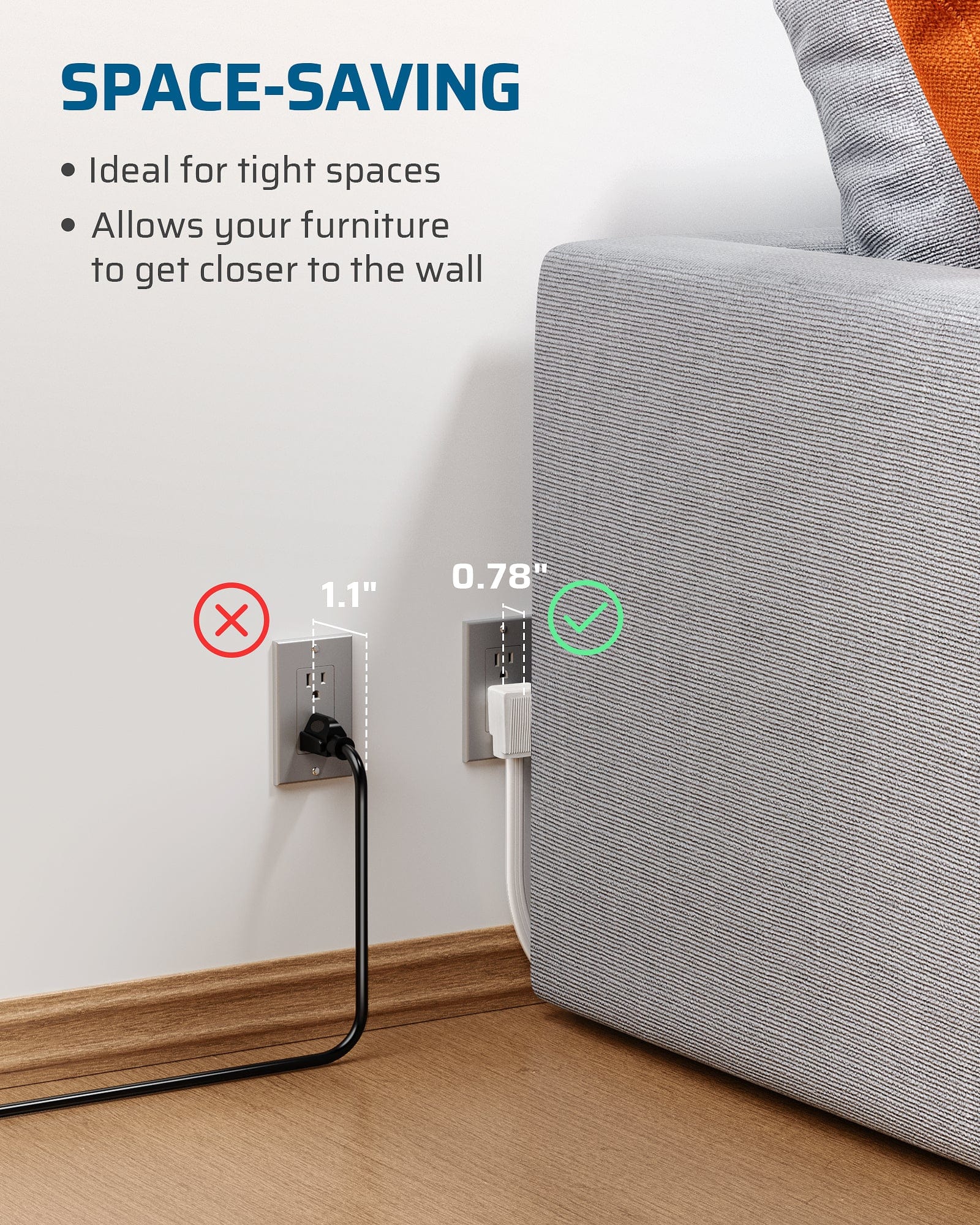 DEWENWILS 15FT Flat Plug Extension Cord, 3 Prong Ultra Thin Power Strip, 13A/125V/1625W, 16/3 Awg Grounded Flat Power Cable for Indoor Narrow Space, SPT-3 Cord, White-HSCW15A