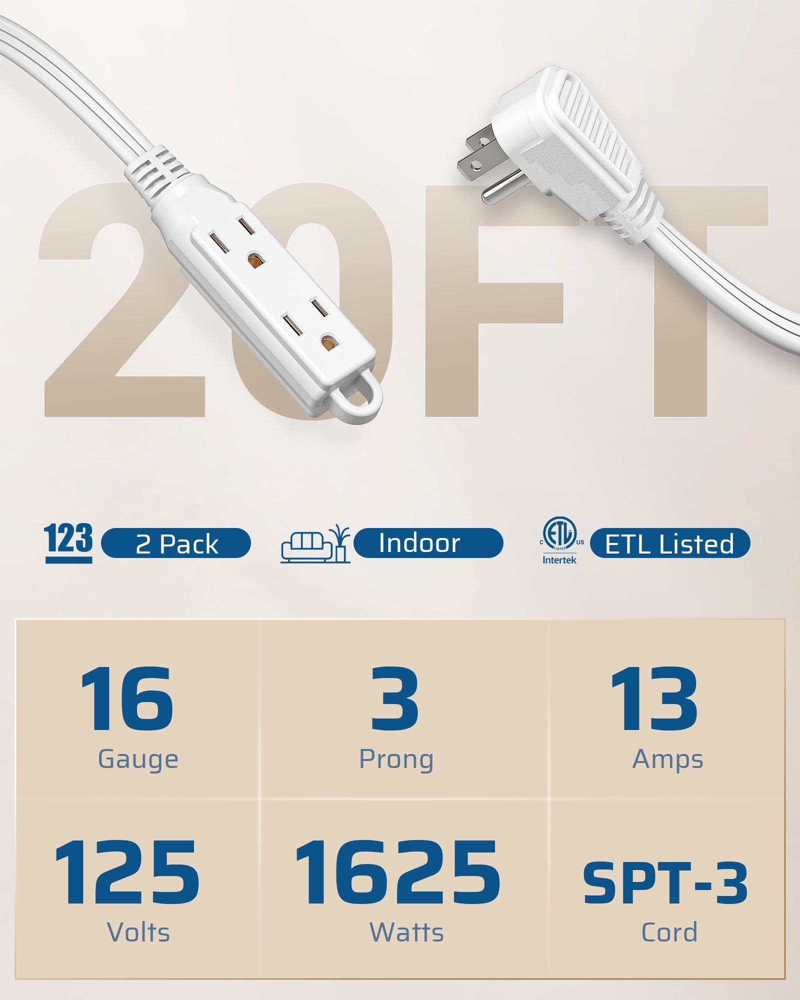 DEWENWILS 20ft 3 Outlet Extension Cord with Flat Plug, 16/3 Awg Grounded Power Cable for Indoor Use, SPT-3 Cord (2 Pack)-HSCW20B