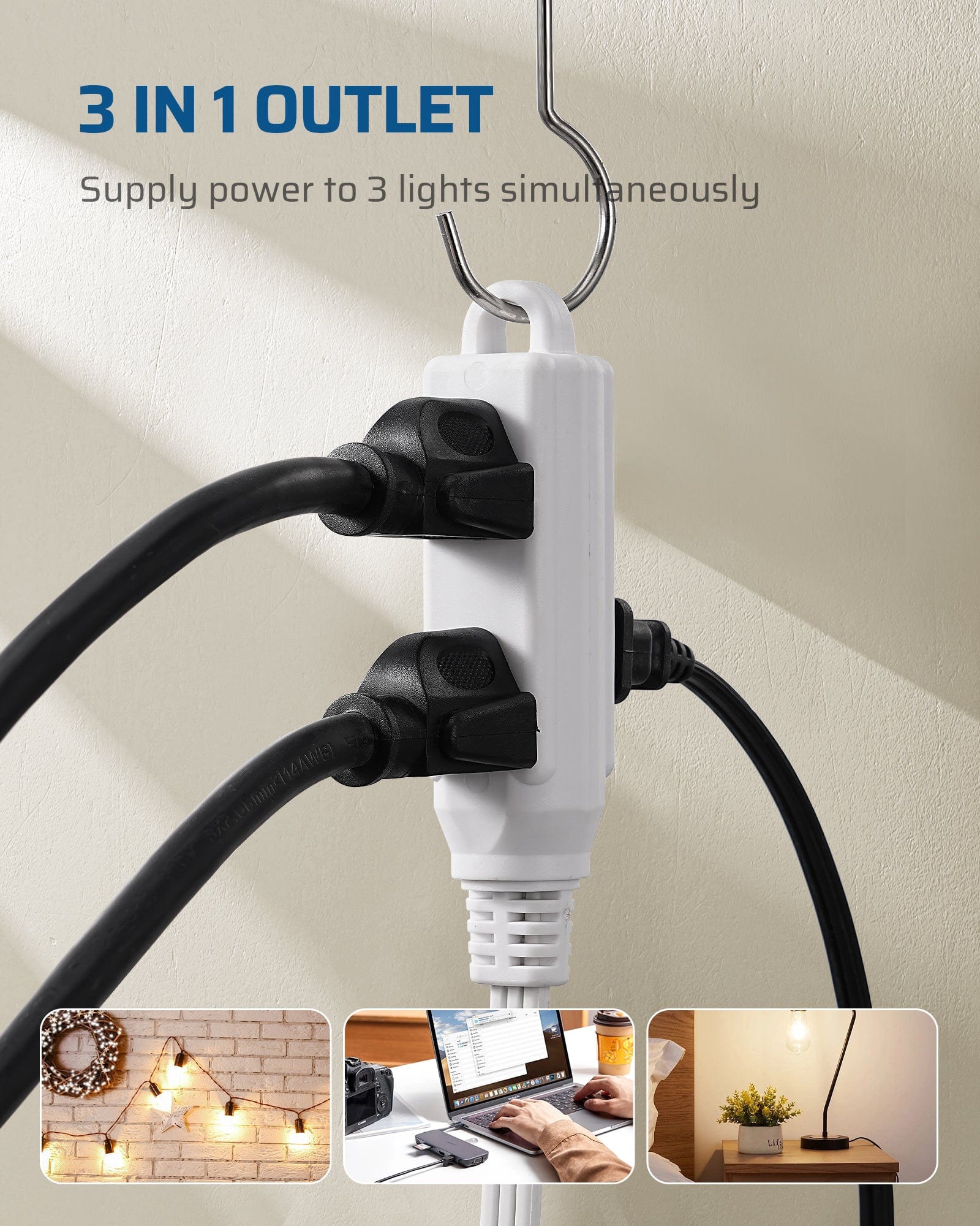 DEWENWILS 20ft 3 Outlet Extension Cord with Flat Plug, 16/3 Awg Grounded Power Cable for Indoor Use, SPT-3 Cord (2 Pack)-HSCW20B
