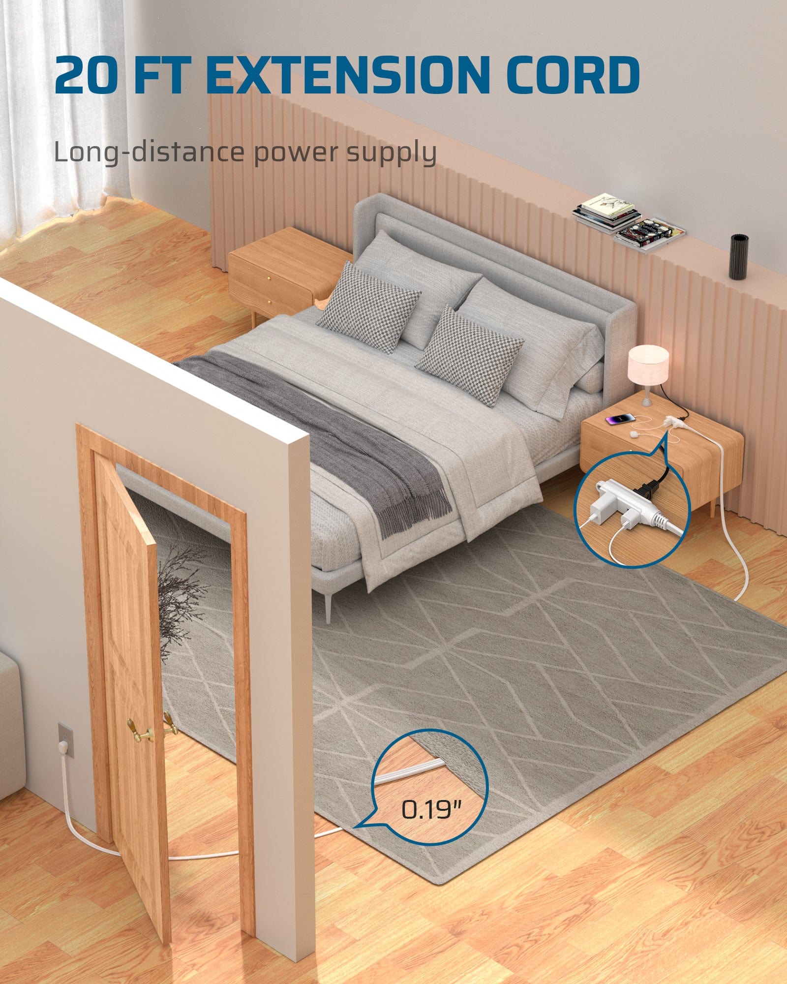 DEWENWILS 20ft 3 Outlet Extension Cord with Flat Plug, 16/3 Awg Grounded Power Cable for Indoor Use, SPT-3 Cord (2 Pack)-HSCW20B