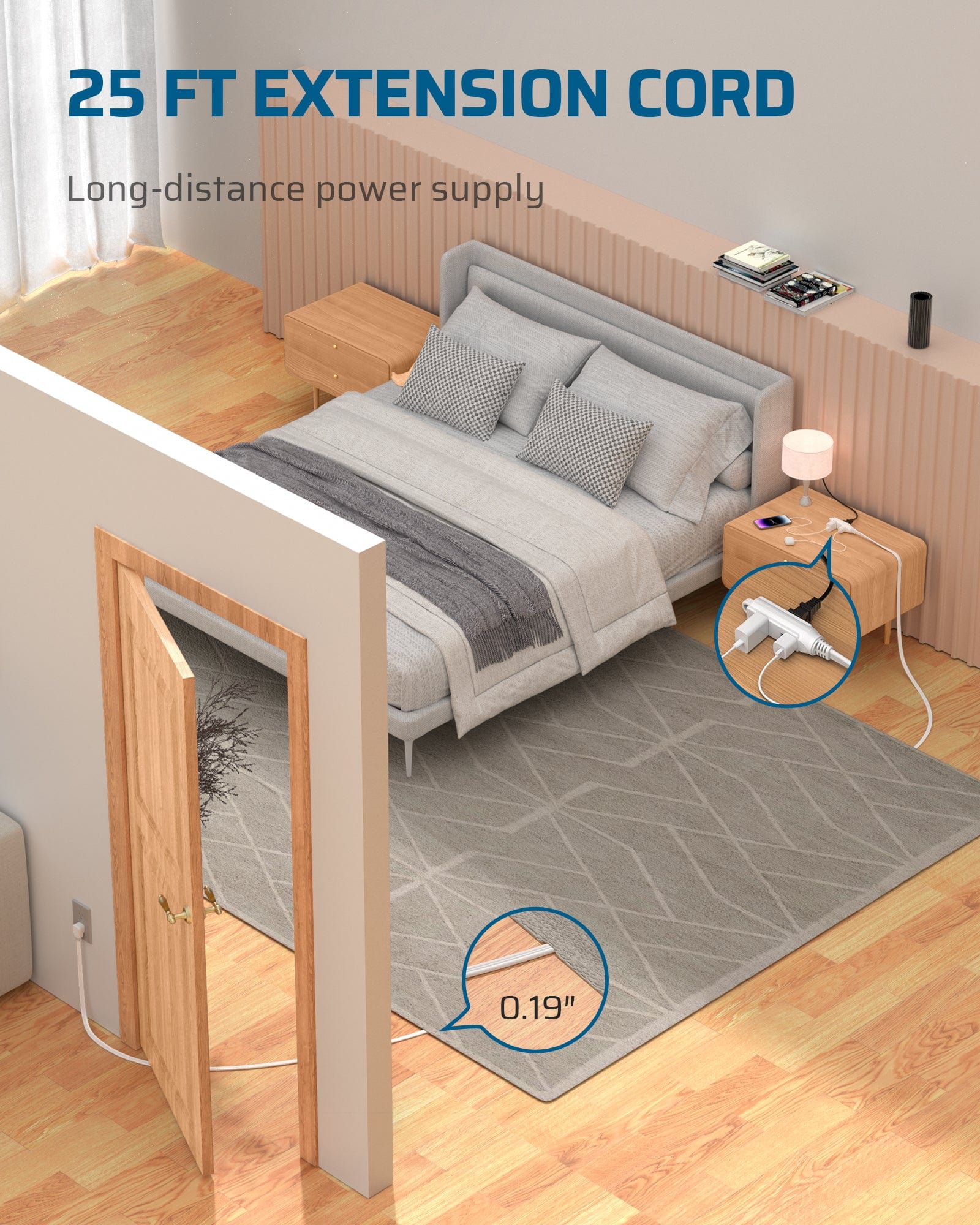 DEWENWILS  25ft 3 Outlet Extension Cord with Flat Plug, 16/3 Awg Grounded Power Cable for Indoor Use, SPT-3 Cord-HSCW25A