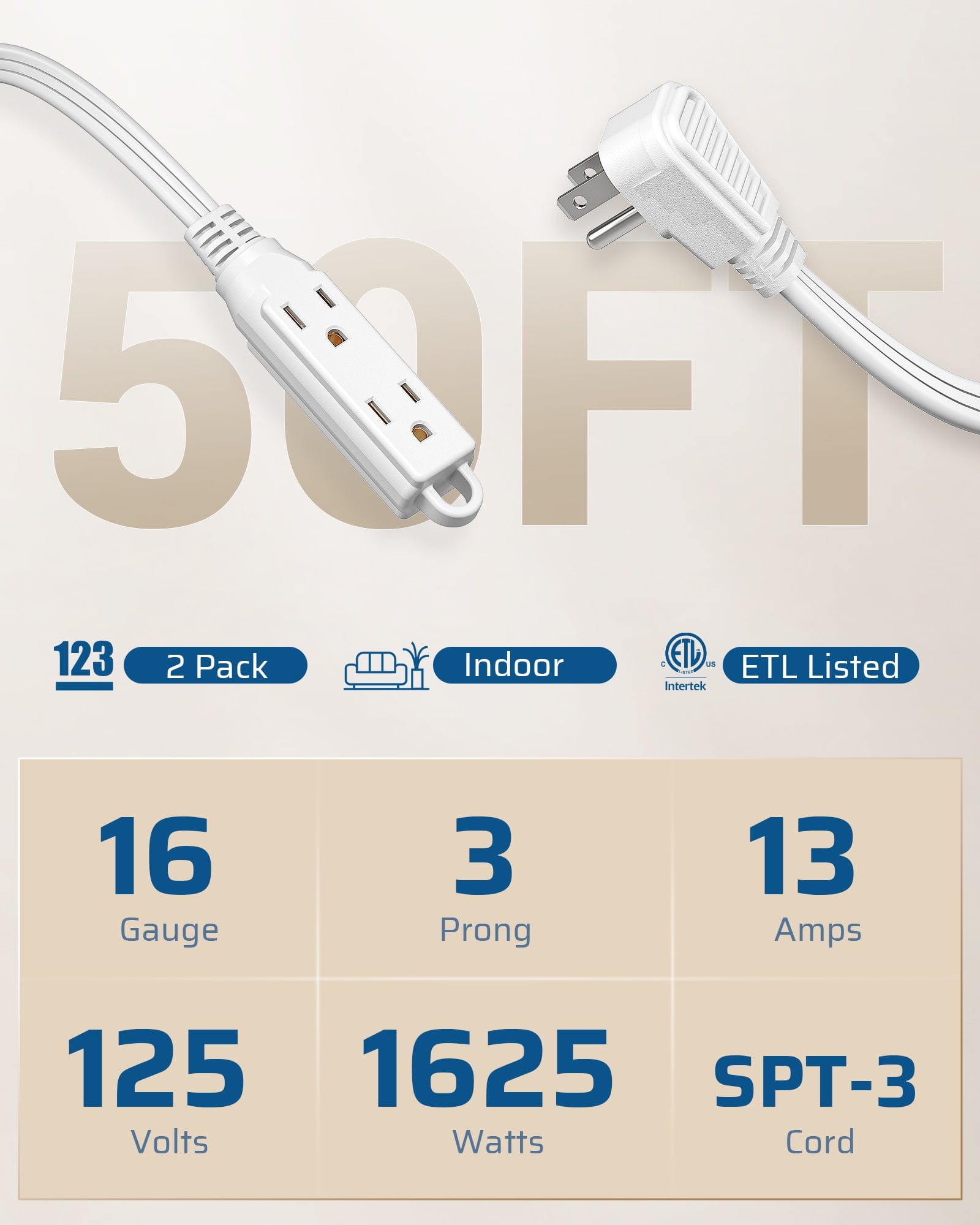 DEWENWILS 50ft Extension Cord, 3 Outlet Power Cable with Flat Plug, 16/3 Awg Grounded Cord for Indoor Use, SPT-3 Cord (2 Pack)-WHSCW50B