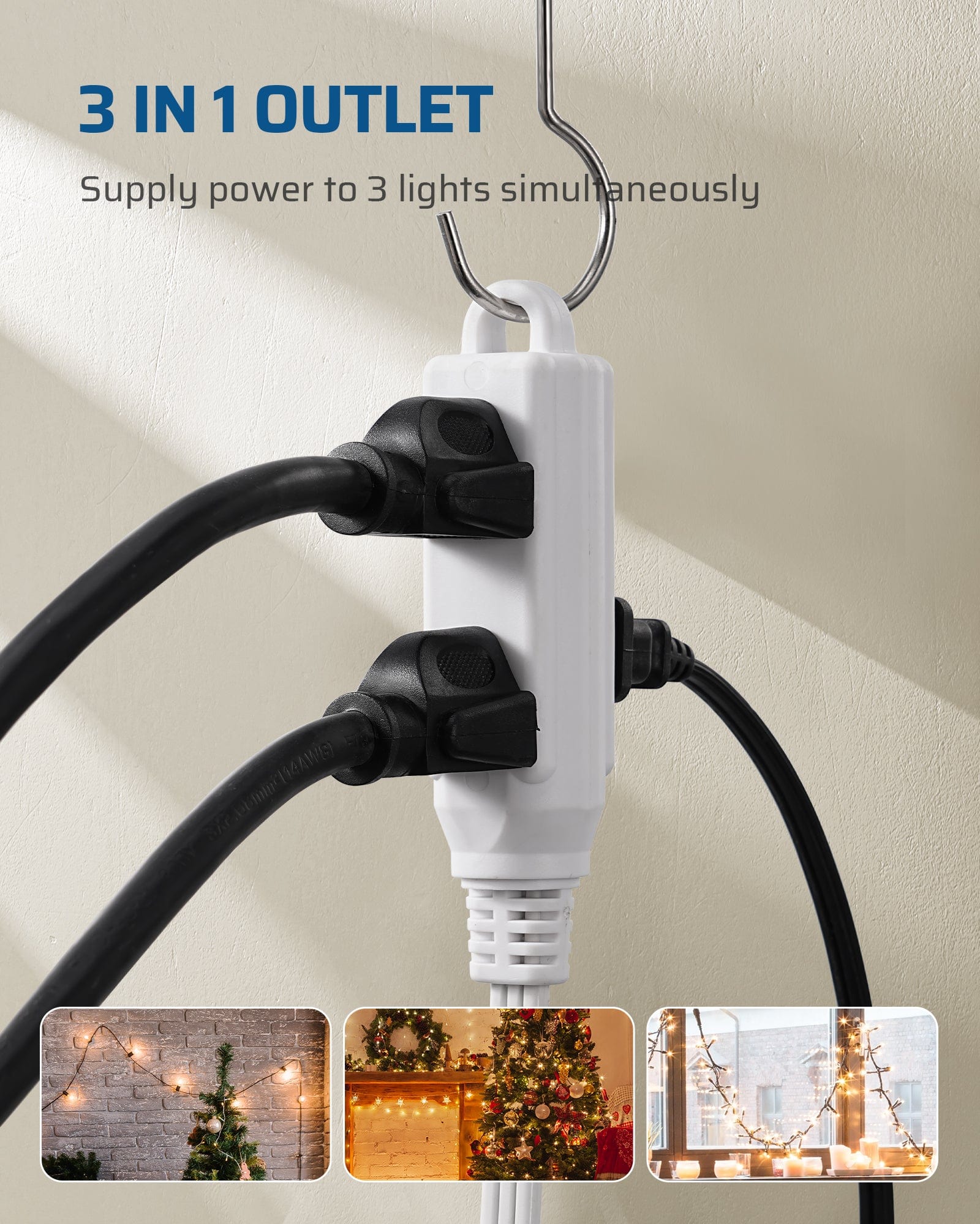 DEWENWILS 50ft Extension Cord, 3 Outlet Power Cable with Flat Plug, 16/3 Awg Grounded Cord for Indoor Use, SPT-3 Cord (2 Pack)-WHSCW50B