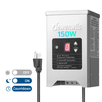 DEWENWILS 150W Low Voltage Landscape Transformer with Photocell Sensor & Timer, 120V AC to 12V/15V AC, Stainless Steel Shield, Outdoor Waterproof Transformer for LED Lighting, Spotlight-F1HSLT03A