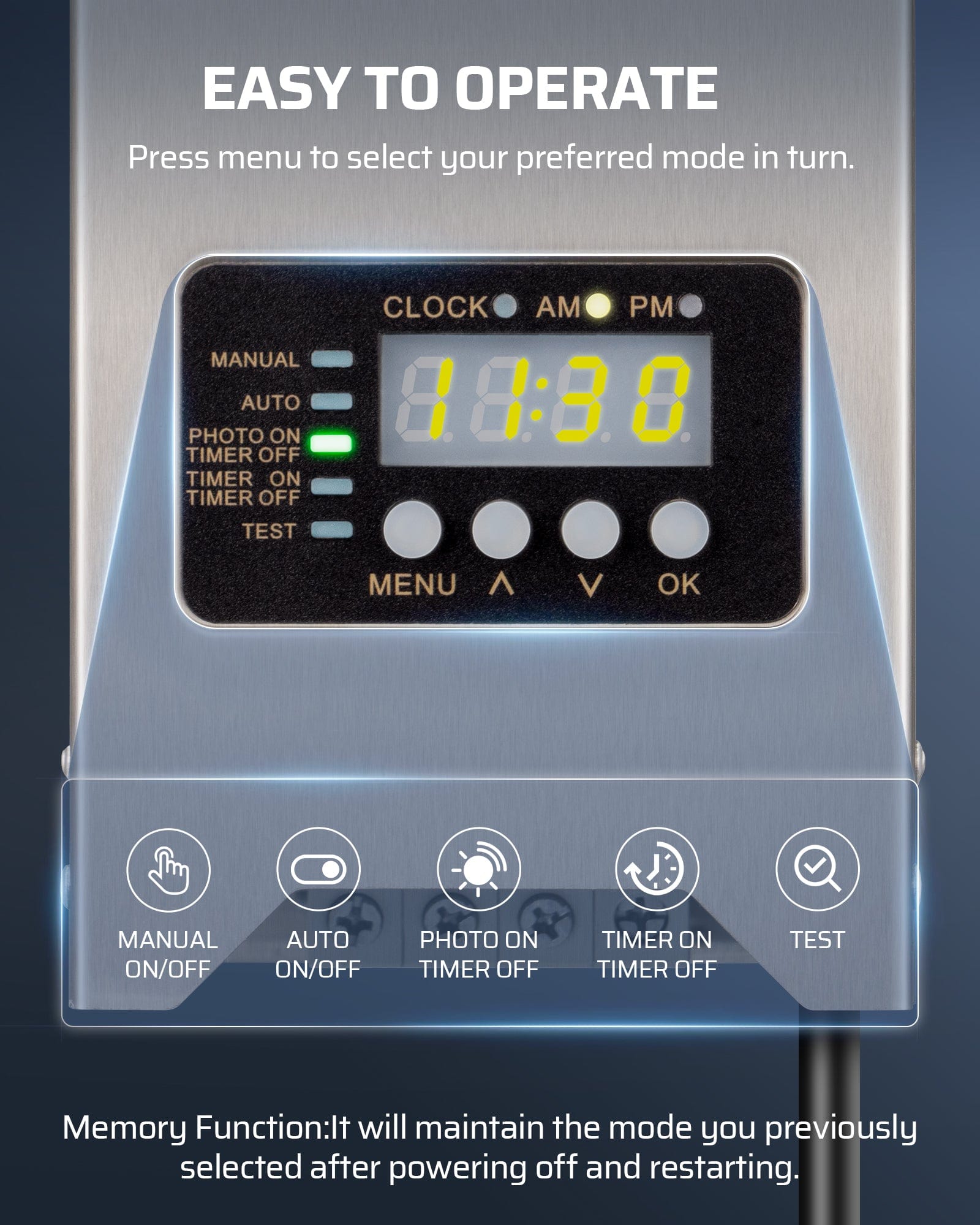 DEWENWILS 150W Low Voltage Transformer is easy to operate with menu mode selection and memory function that retains your previous setting after power off.