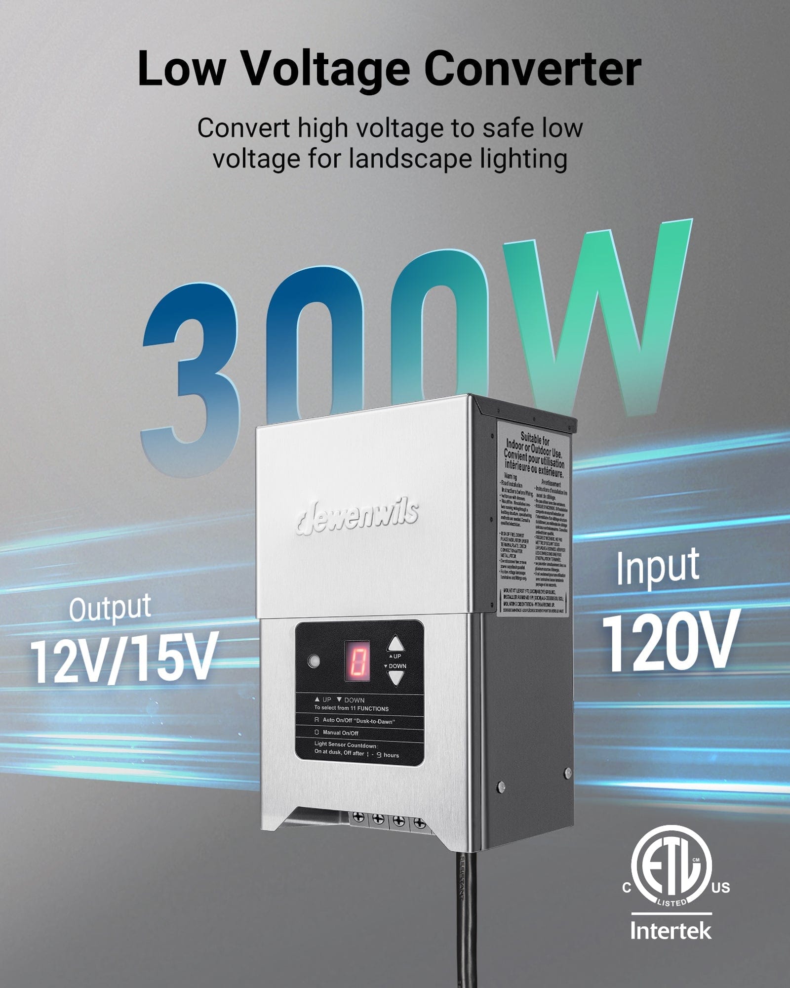 Low Voltage Converter converts high voltage to safe low voltage for landscape lighting. Input 120V AC, output 12V/15V AC