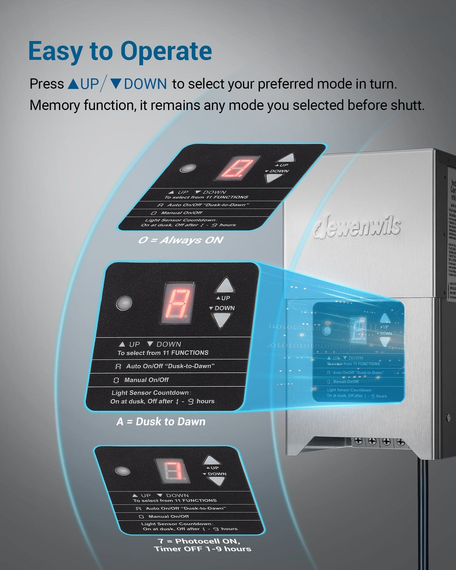 DEWENWILS 300W Low Voltage Landscape Lighting Transformer is easy to operate with UP/DOWN buttons and remembers your last selected mode