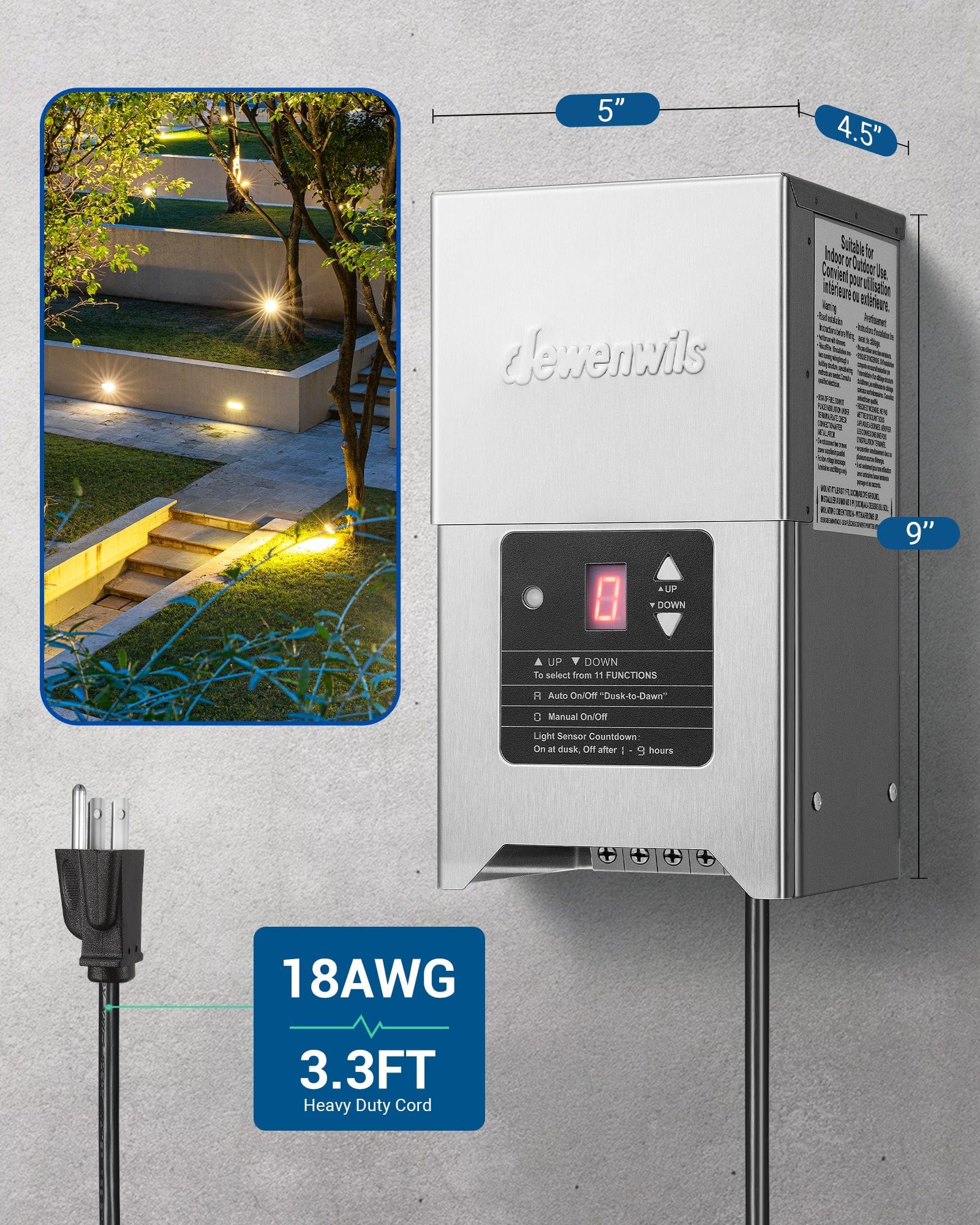 DEWENWILS 300W Low Voltage Landscape Lighting Transformer measures 5 in × 4.5 in × 9 in and comes with an 18 AWG 3.3 ft heavy duty cord