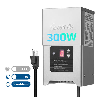 DEWENWILS 300W Low Voltage Landscape Transformer with Photocell Sensor & Timer, 120V AC to 12V/15V AC, Stainless Steel Shield, Outdoor Waterproof Transformer for LED Lighting, Spotlight-F3HSLT05A