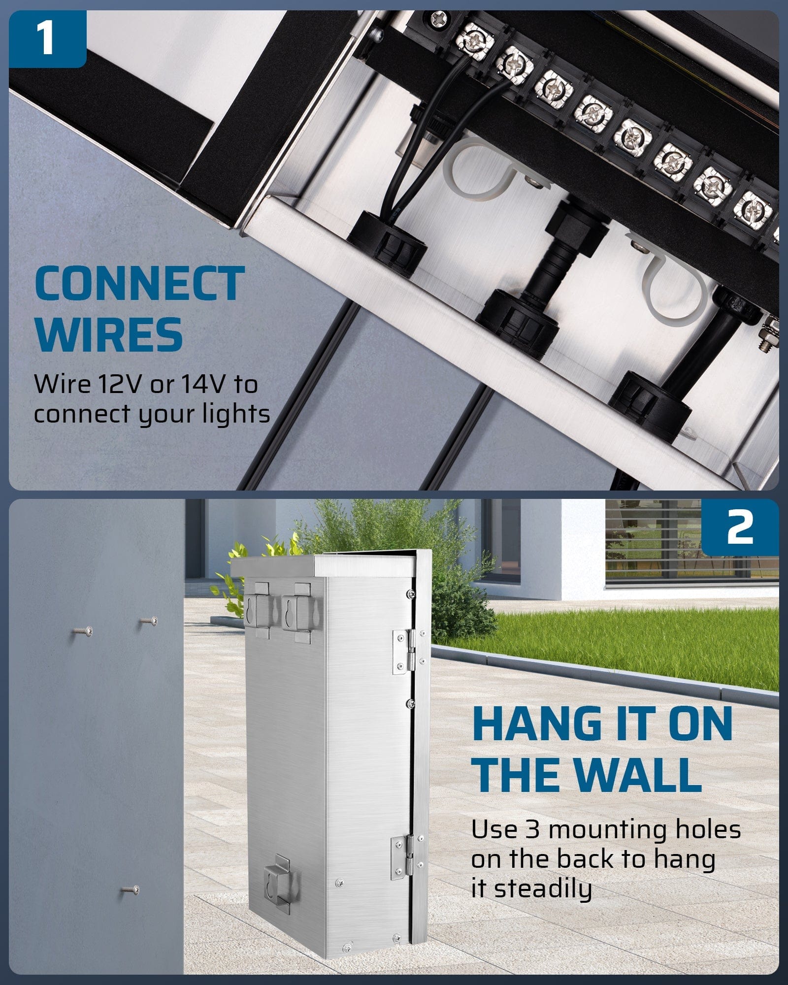 DEWENWILS 300W Low Voltage Transformer, wire 12V or 14V to connect lights and mount securely using three back mounting holes
