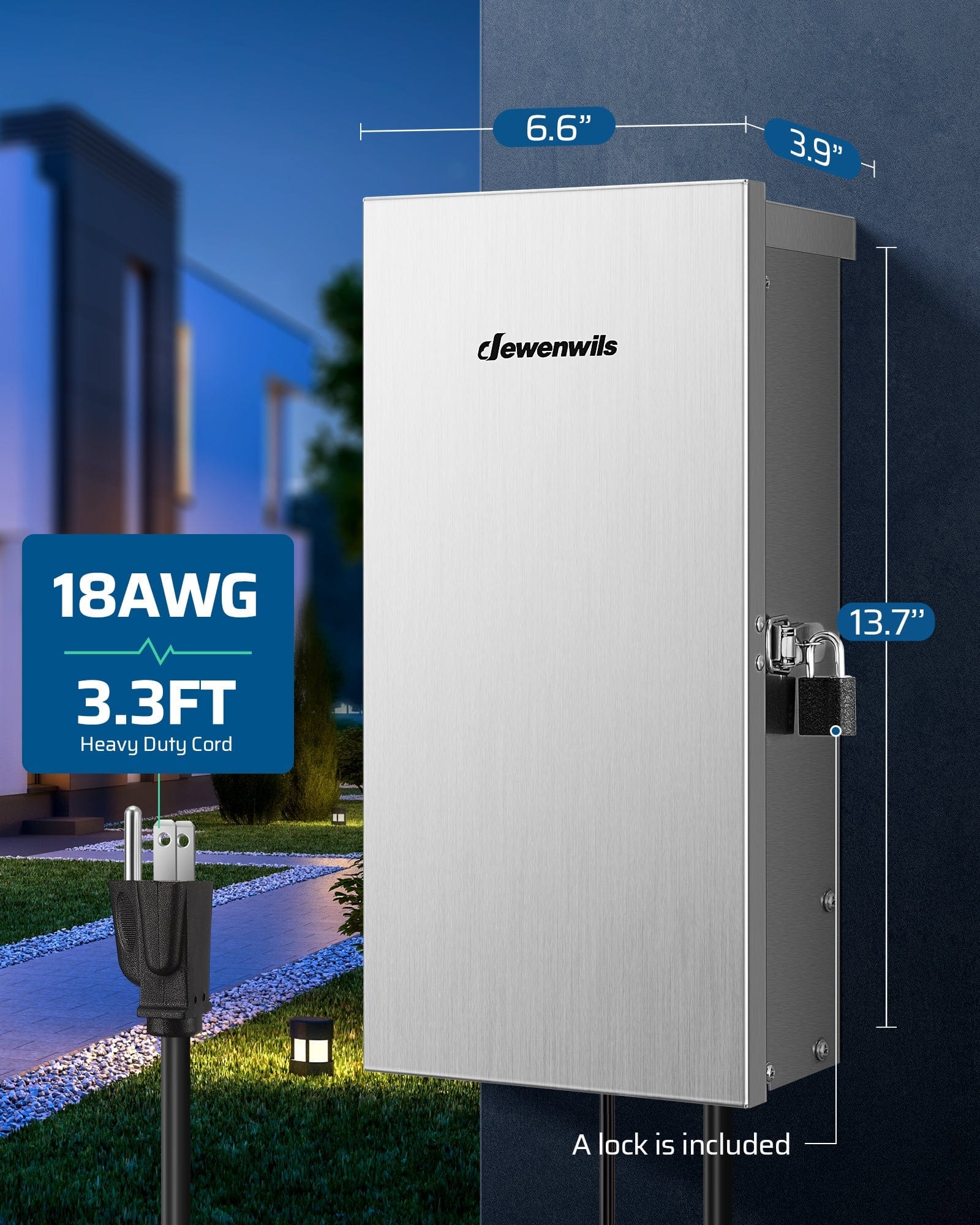 DEWENWILS 300W Low Voltage Transformer, size 6.6 in L × 3.9 in W × 13.7 in H, with 3.3 ft 18 AWG heavy-duty cord
