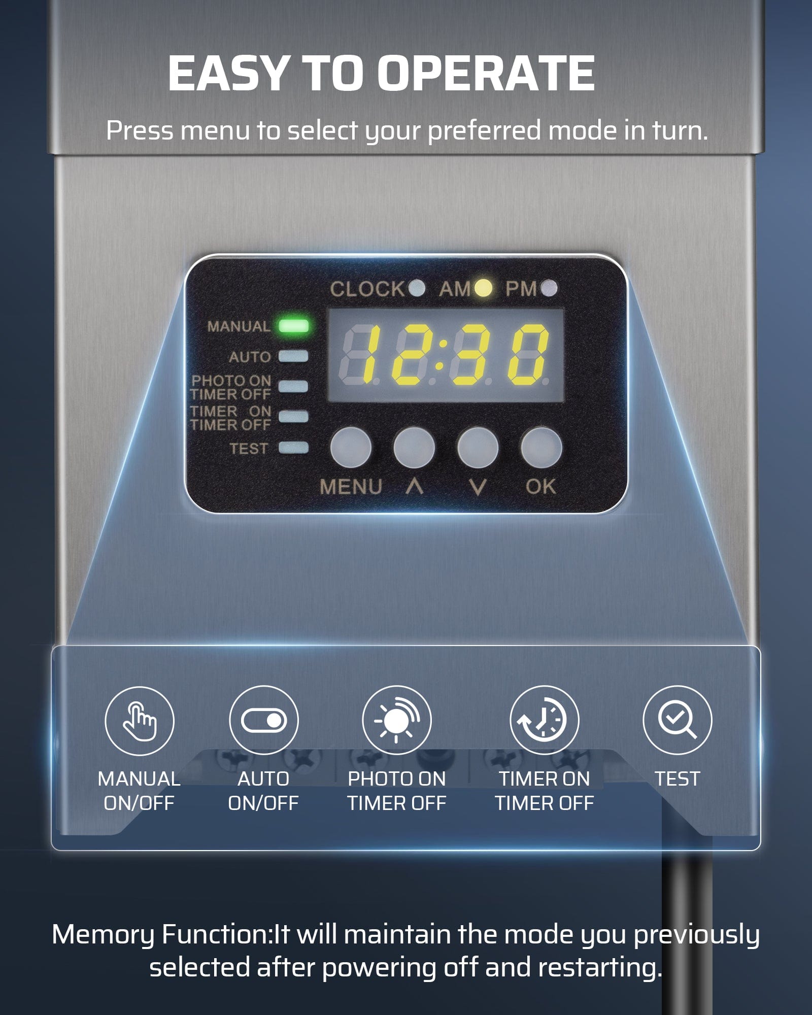 DEWENWILS 300W Low Voltage Transformer offers easy menu operation with multiple modes and a memory function that restores your last setting after power interruption.