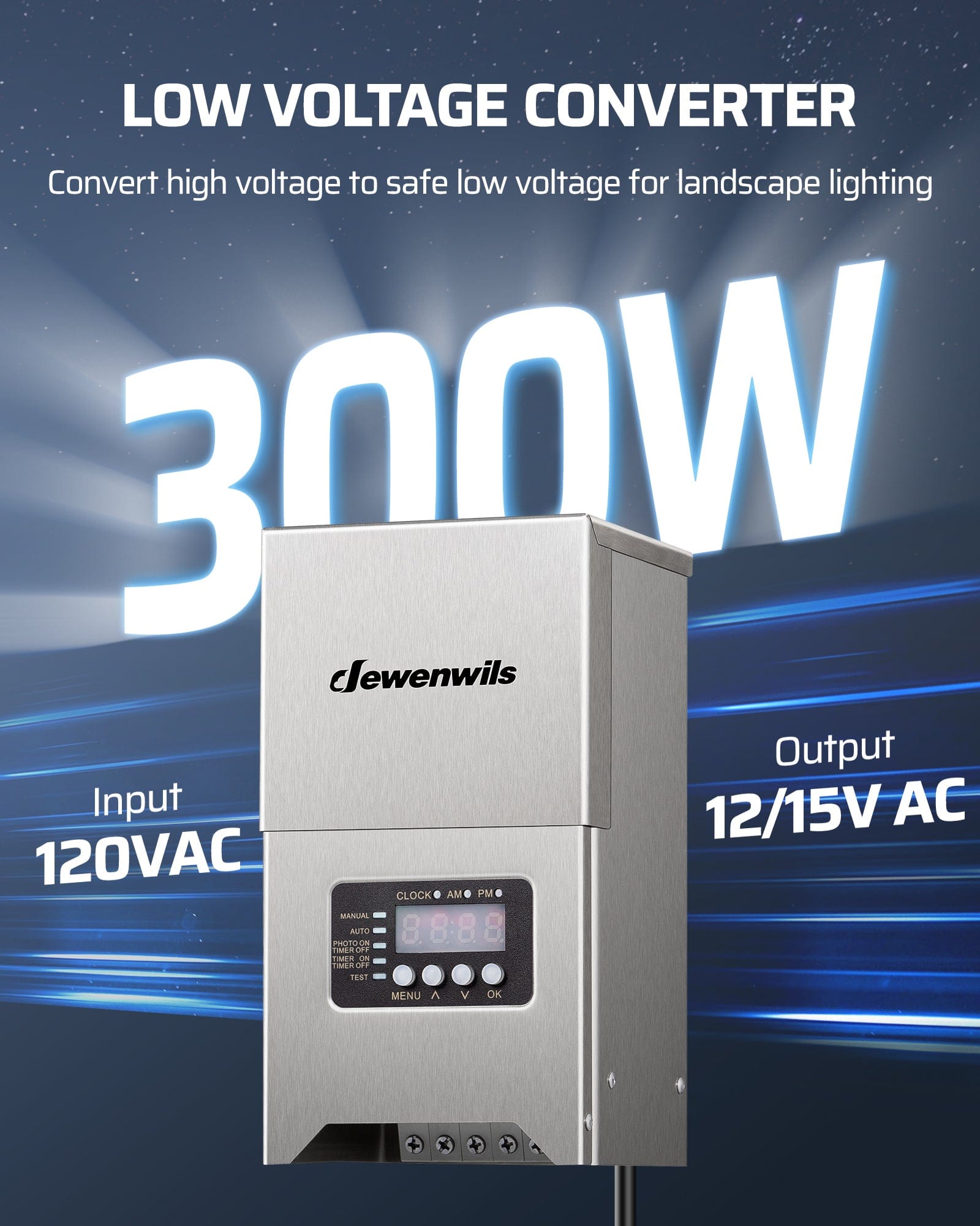 Low Voltage Transformer converts 120V AC to safe 12/15V AC for landscape lighting, providing reliable and efficient low-voltage power.