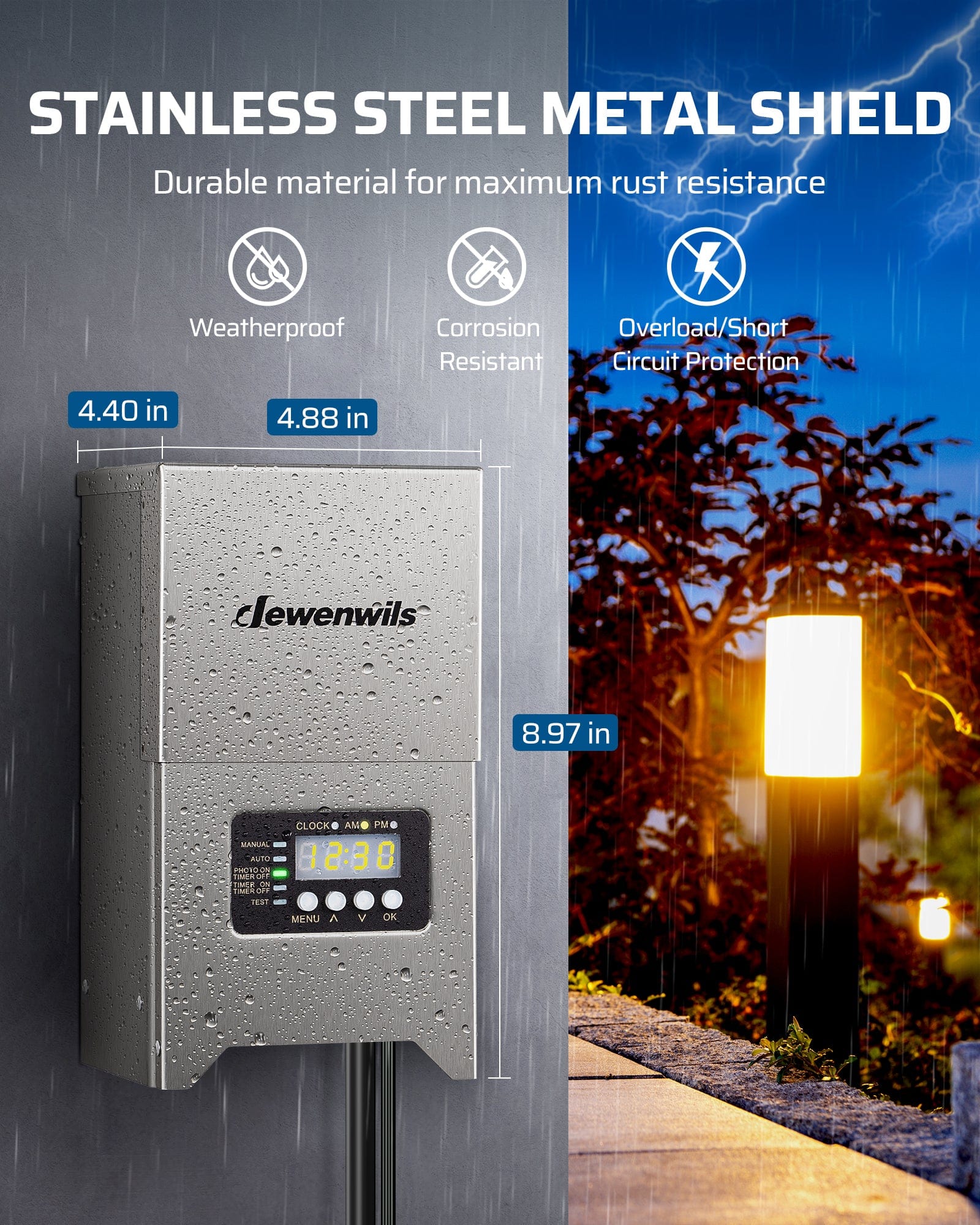 DEWENWILS 300W Low Voltage Transformer features a stainless steel shield for rust, corrosion and weather protection, overload safety; size 4.88×4.4×8.97in