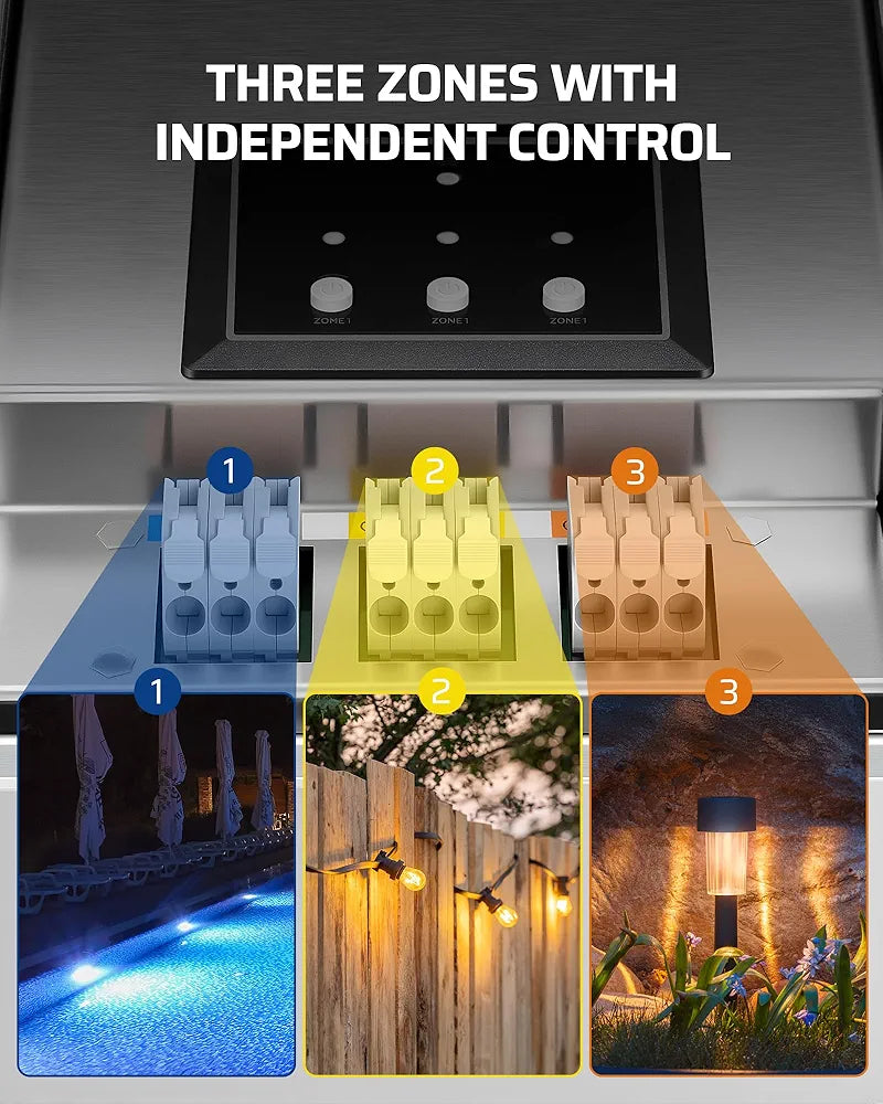 Low Voltage Landscape Lighting Transformer: three zones with independent control for flexible customization of different outdoor lighting areas