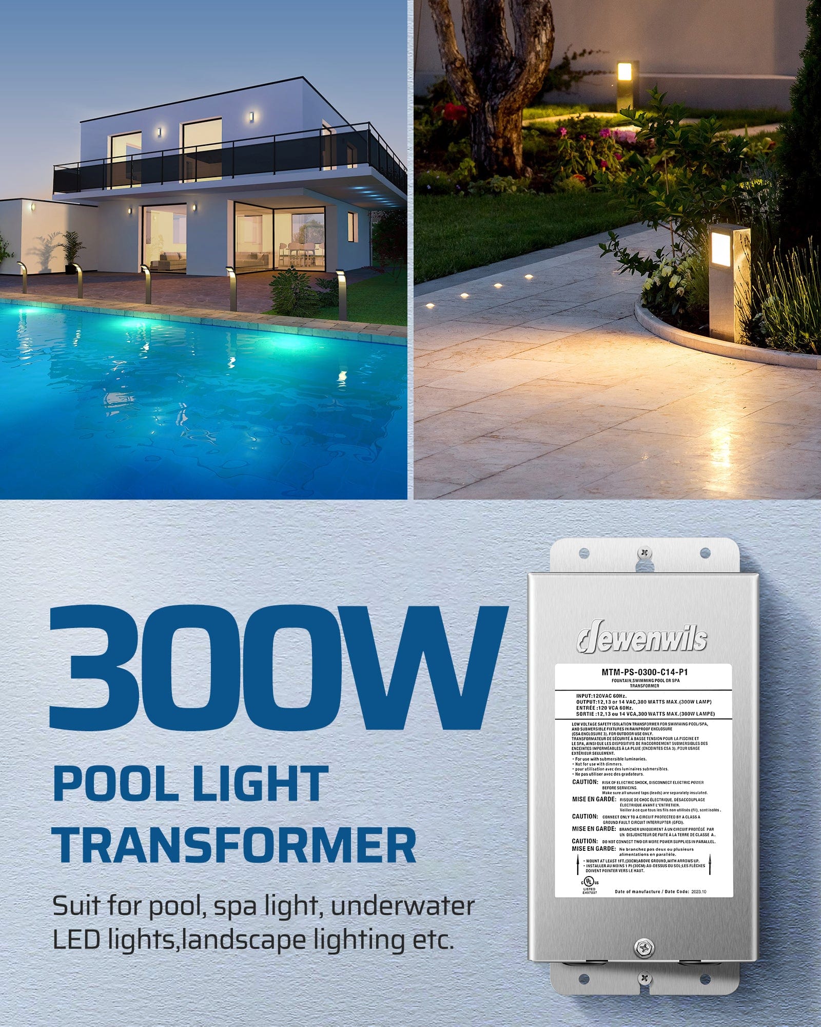 DEWENWILS 300W Low Voltage Transformer suitable for pool, spa, underwater LED, and landscape lighting, delivering safe and reliable low-voltage power.