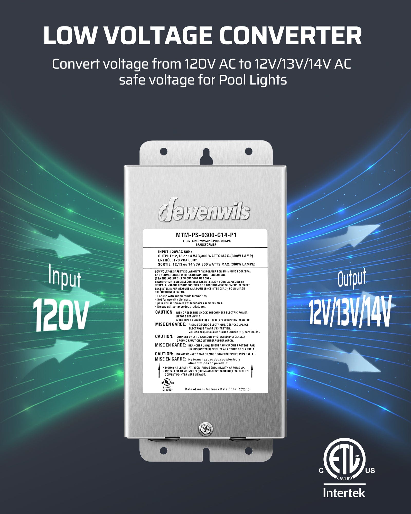DEWENWILS 300W Low Voltage Transformer converts 120V AC to 12/13/14V AC, providing safe low-voltage power for pool lights and underwater lighting.