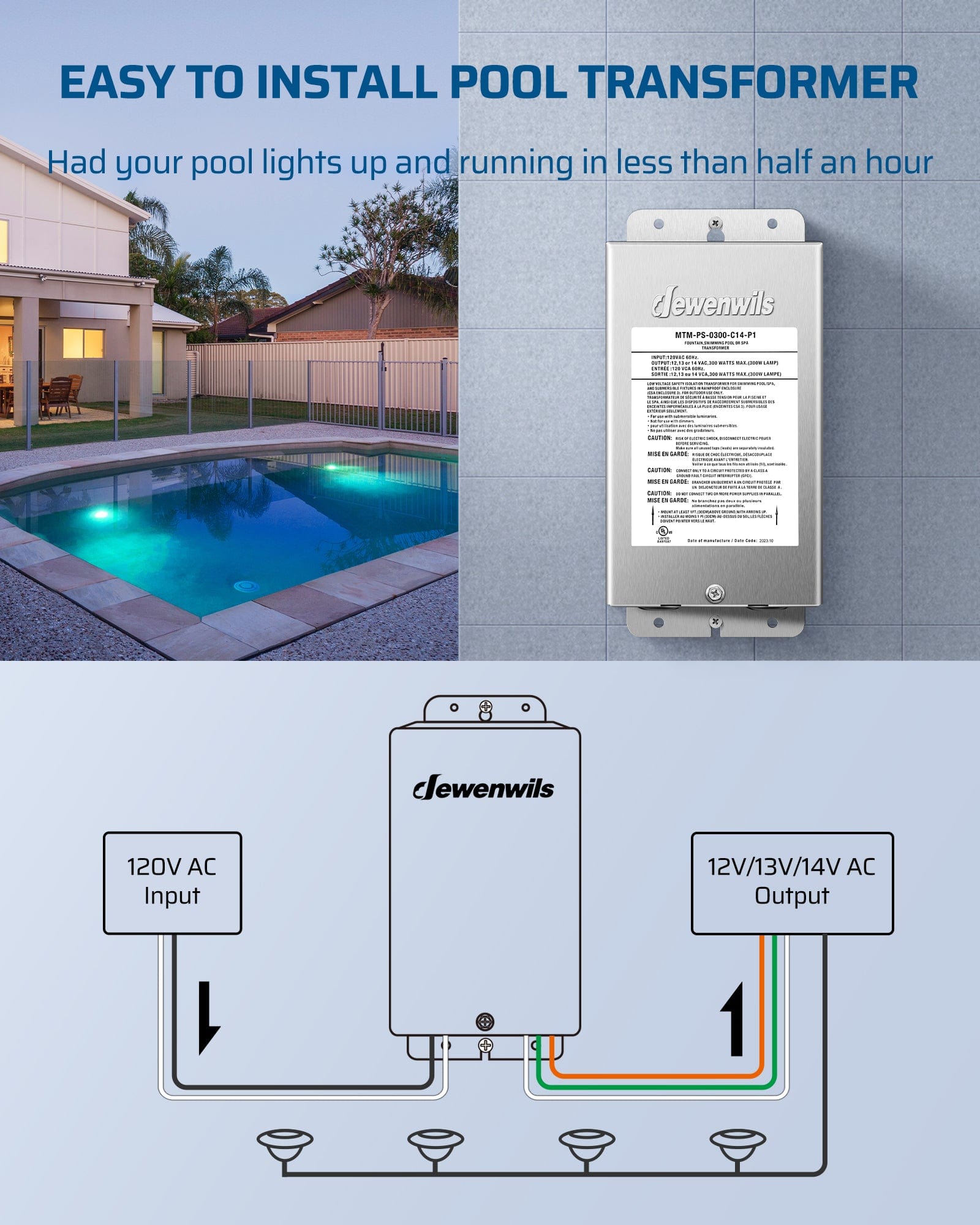 DEWENWILS 300W Low Voltage Transformer is an easy-to-install pool transformer, getting your pool lights up and running in under 30 minutes.