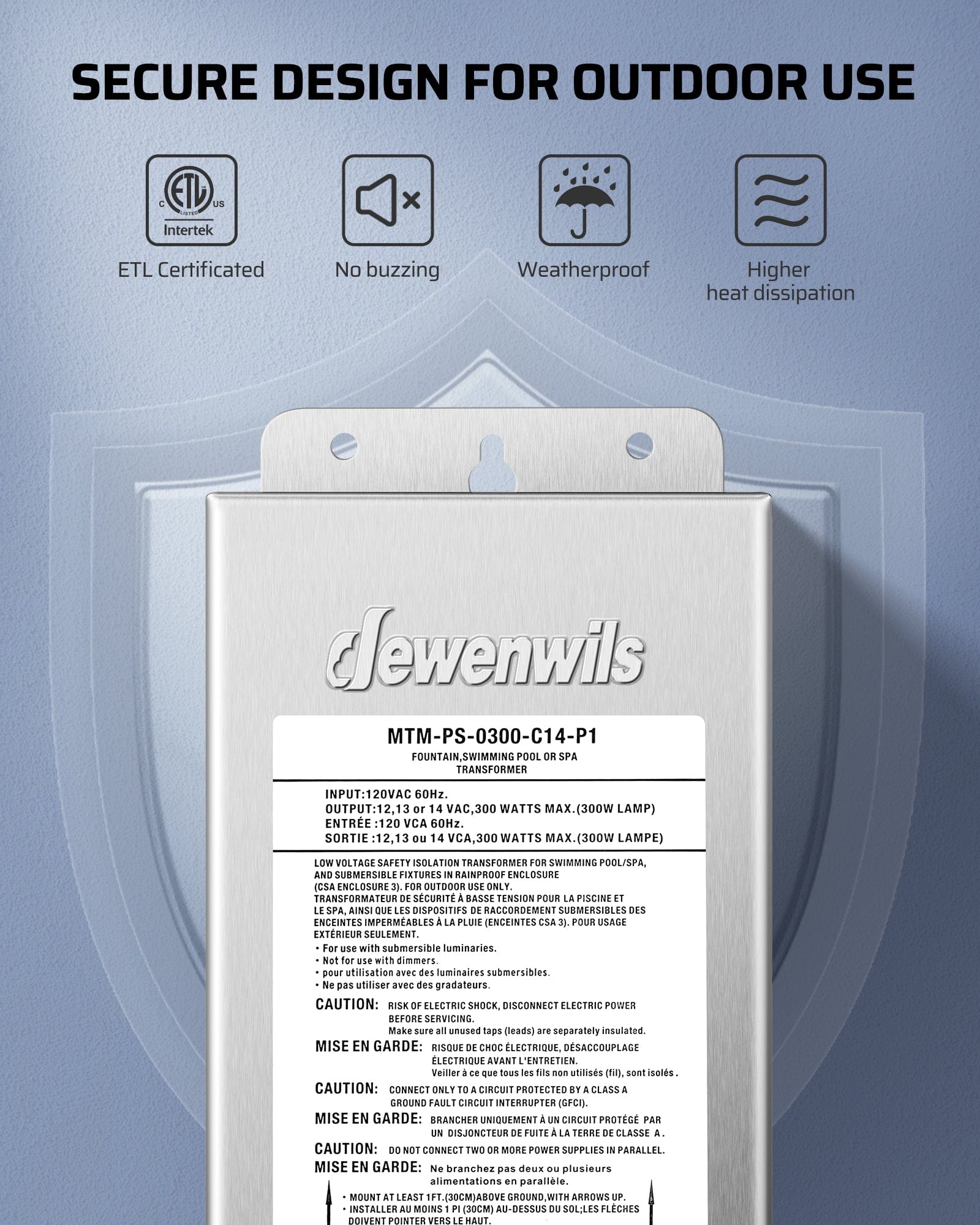 DEWENWILS 300W Low Voltage Transformer features secure outdoor design, ETL-certified, weatherproof, no buzzing, and high heat dissipation for reliable use.