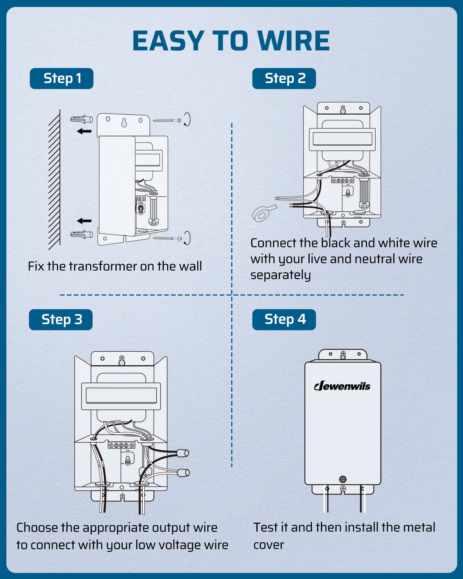 DEWENWILS 300W Low Voltage Transformer Wiring Steps