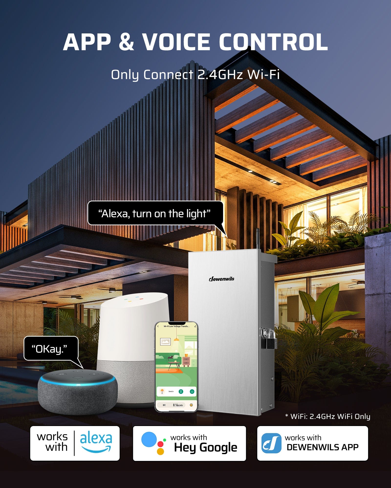 DEWENWILS AC 300W Low Voltage Landscape Lighting Transformer App And Voice Control Connects via 2.4GHz Wi-Fi Works With Alexa Google Home And DEWENWILS App