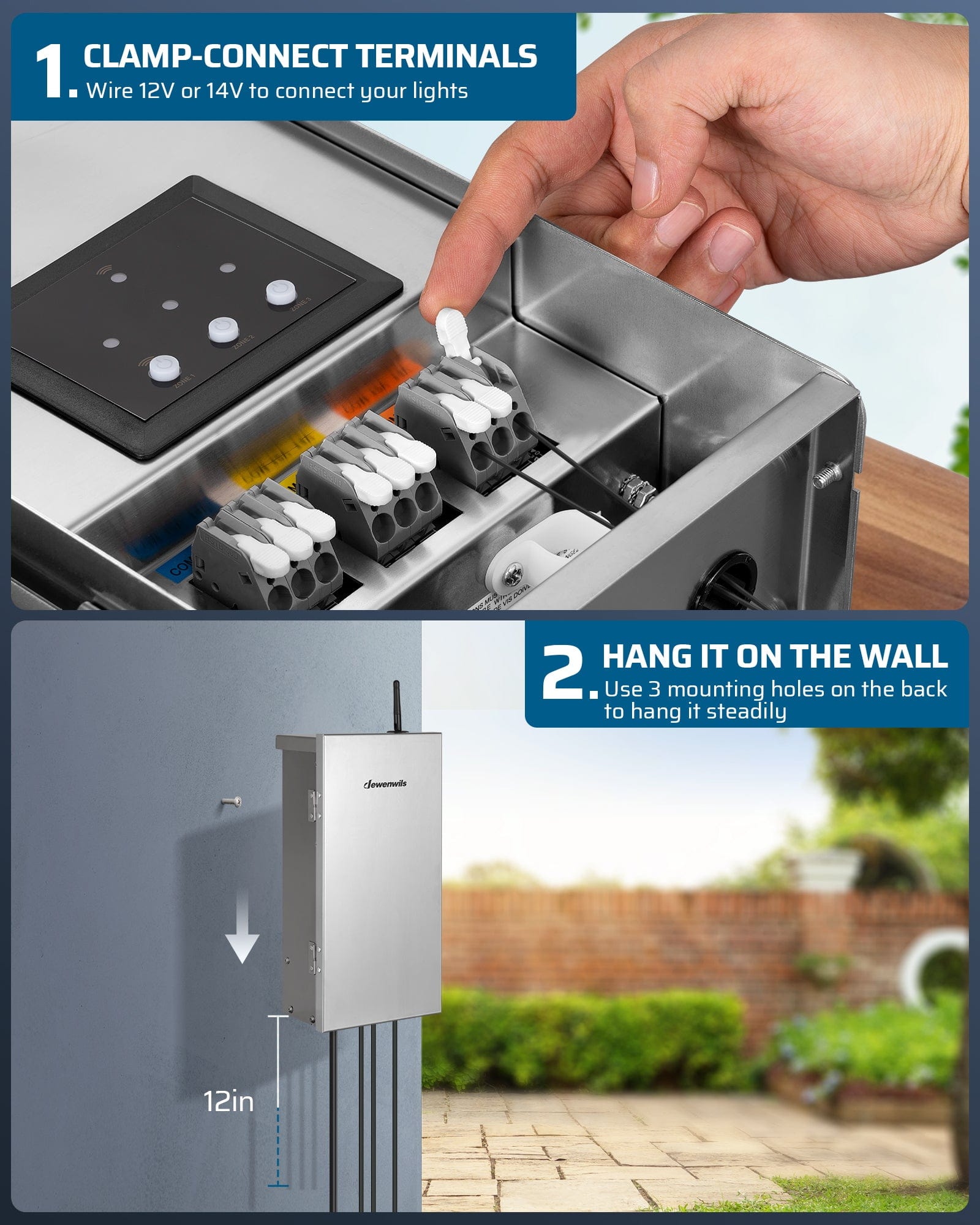 DEWENWILS 300W Low Voltage Landscape Lighting Transformer Clamp Connect Terminals Wire 12V Or 14V Hang On Wall Using 3 Mounting Holes